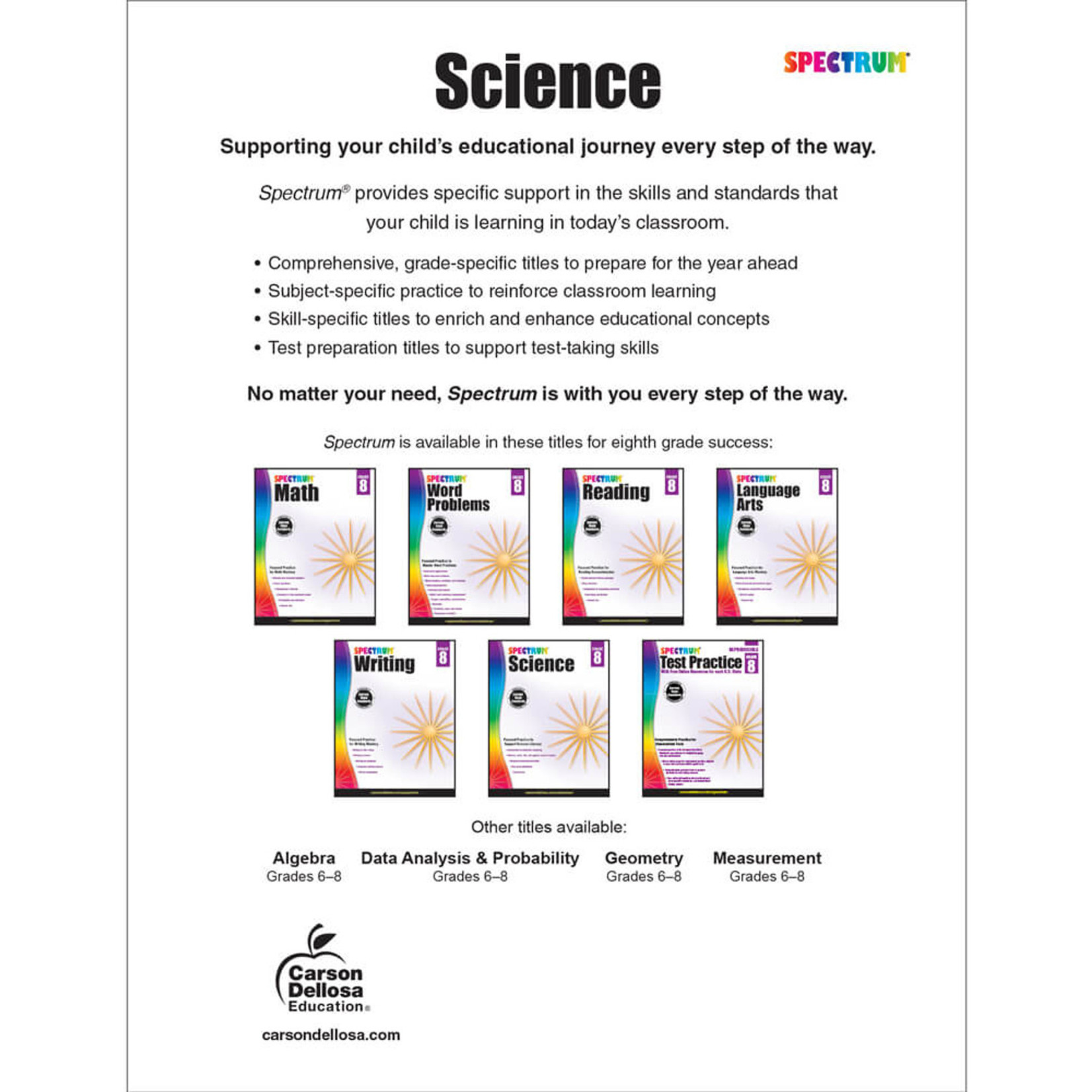 CARSON DELLOSA PUBLISHING CO Spectrum Science Workbook Grade 8
