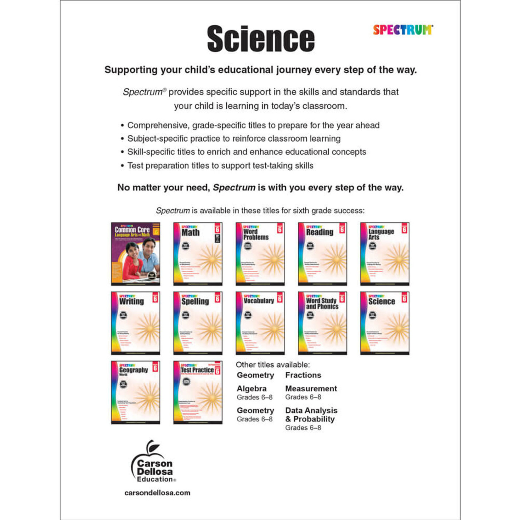 CARSON DELLOSA PUBLISHING CO Spectrum Science Workbook Grade 6