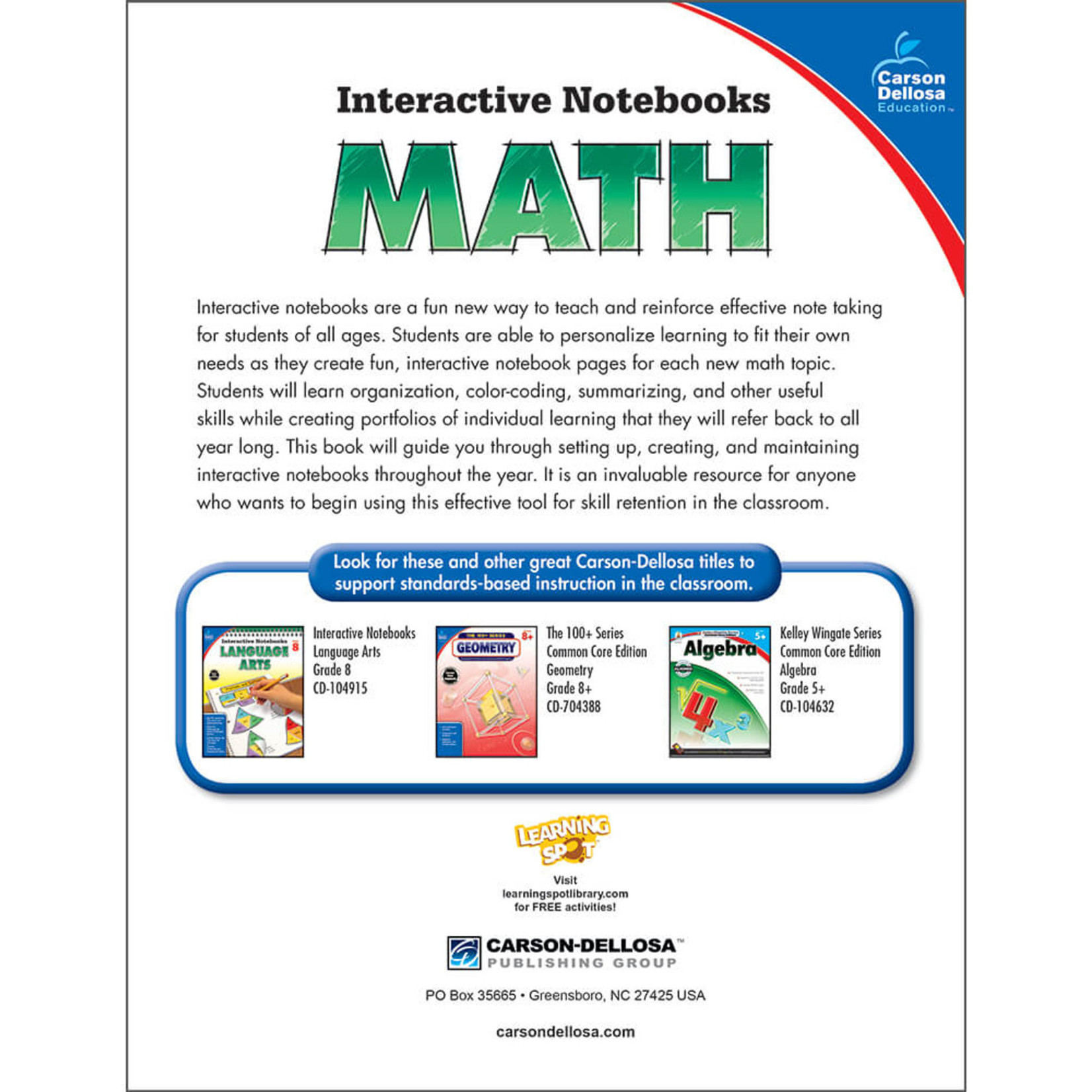 CARSON DELLOSA PUBLISHING CO Interactive Notebooks: Math Resource Book Grade 8