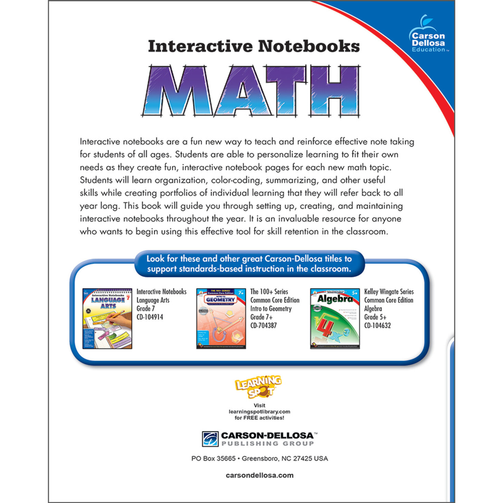 CARSON DELLOSA PUBLISHING CO Interactive Notebooks: Math Resource Book Grade 7 Paperback