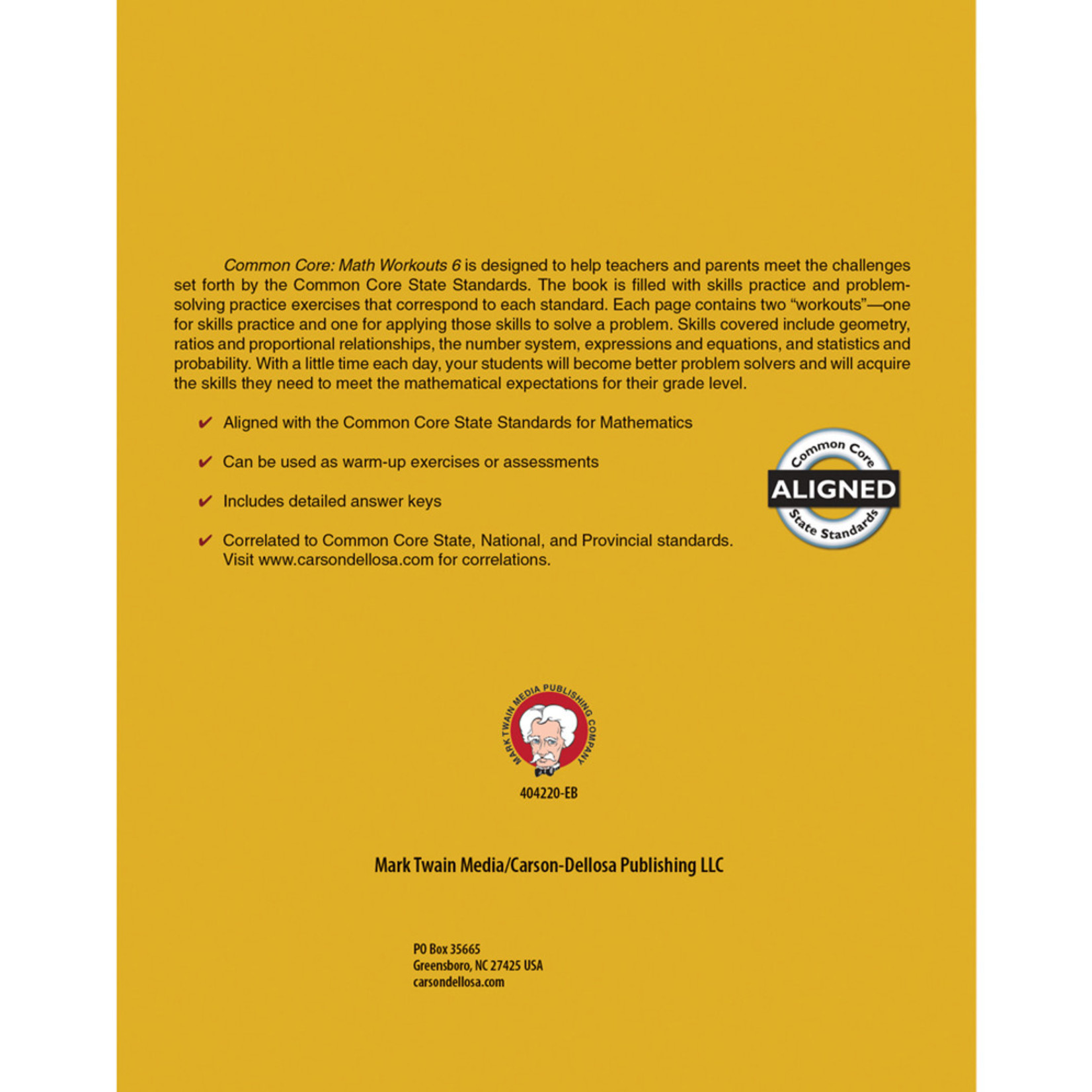 CARSON DELLOSA PUBLISHING CO Common Core Math Workouts Resource Book Grade 6