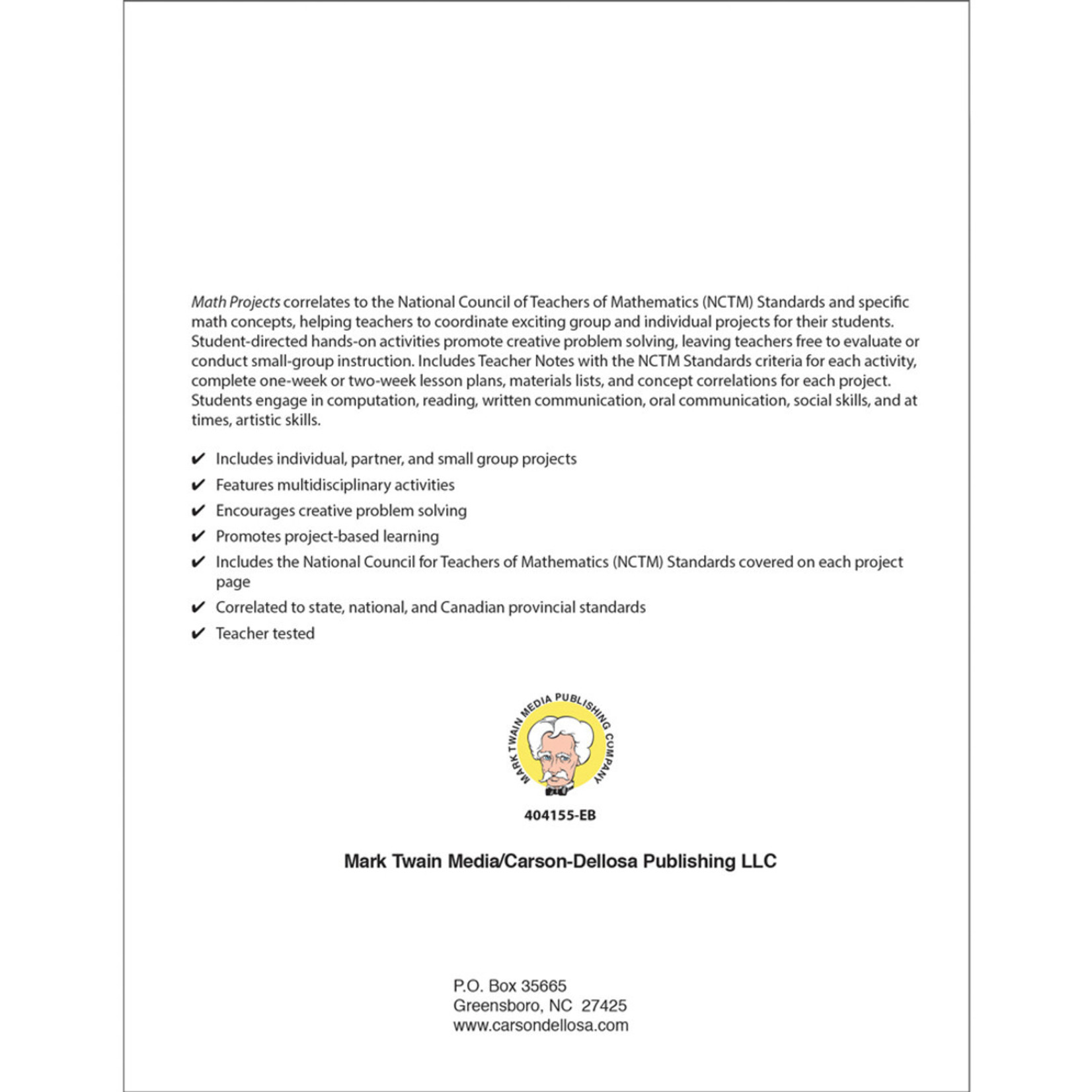 CARSON DELLOSA PUBLISHING CO Math Projects Resource Book Grade 5-12