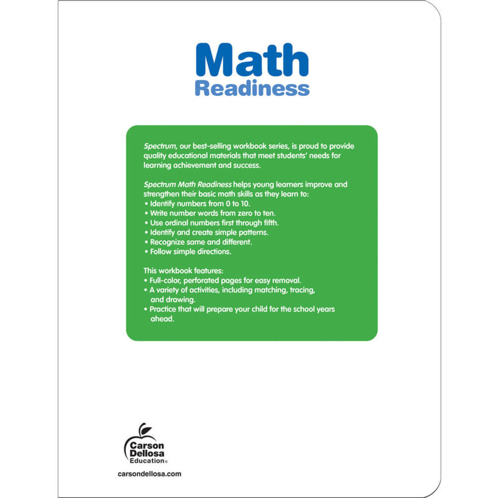 CARSON DELLOSA PUBLISHING CO Spectrum Early Years Math Readiness Workbook Grade PK