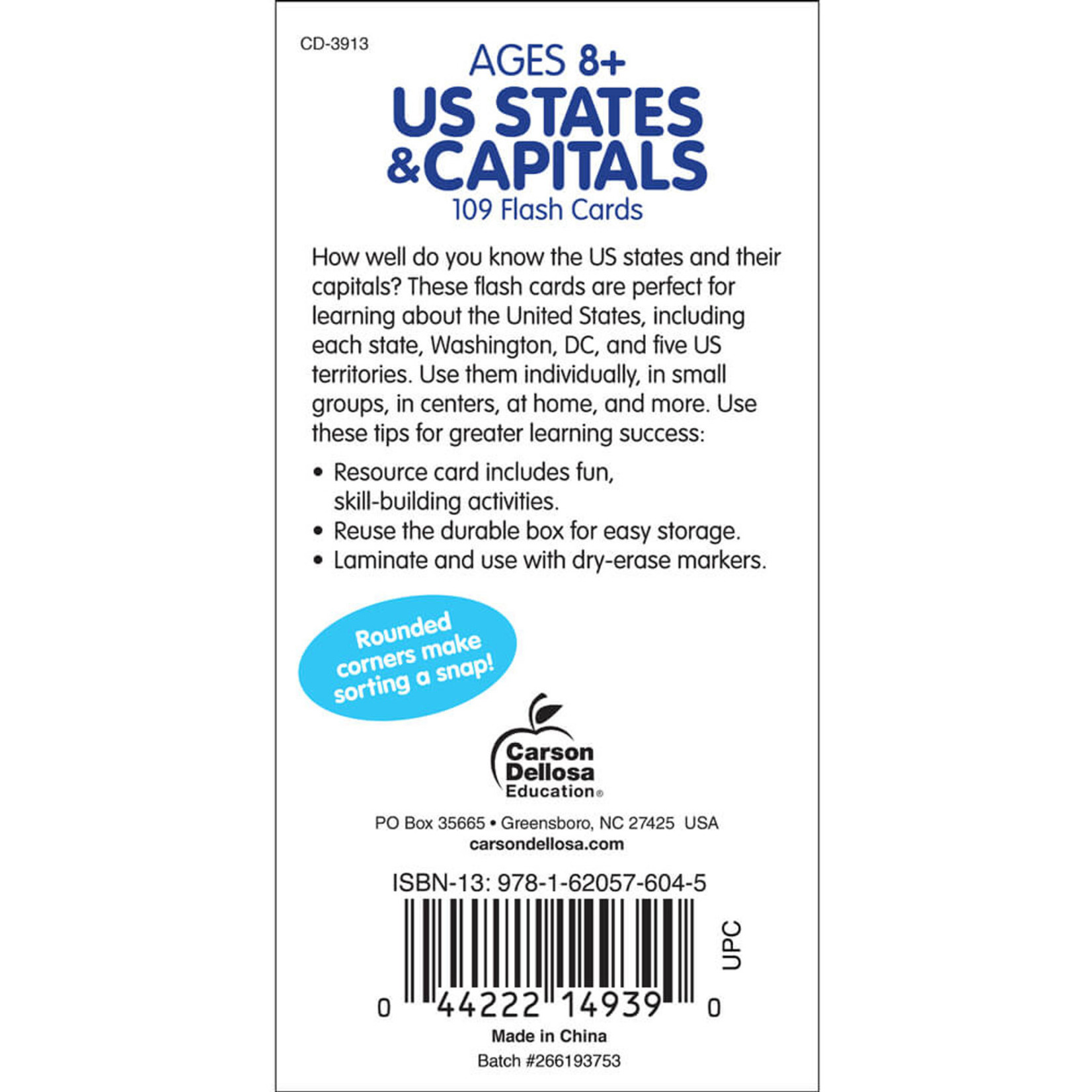 CARSON DELLOSA PUBLISHING CO U.S. States & Capitals Flash Cards Grade 3-5