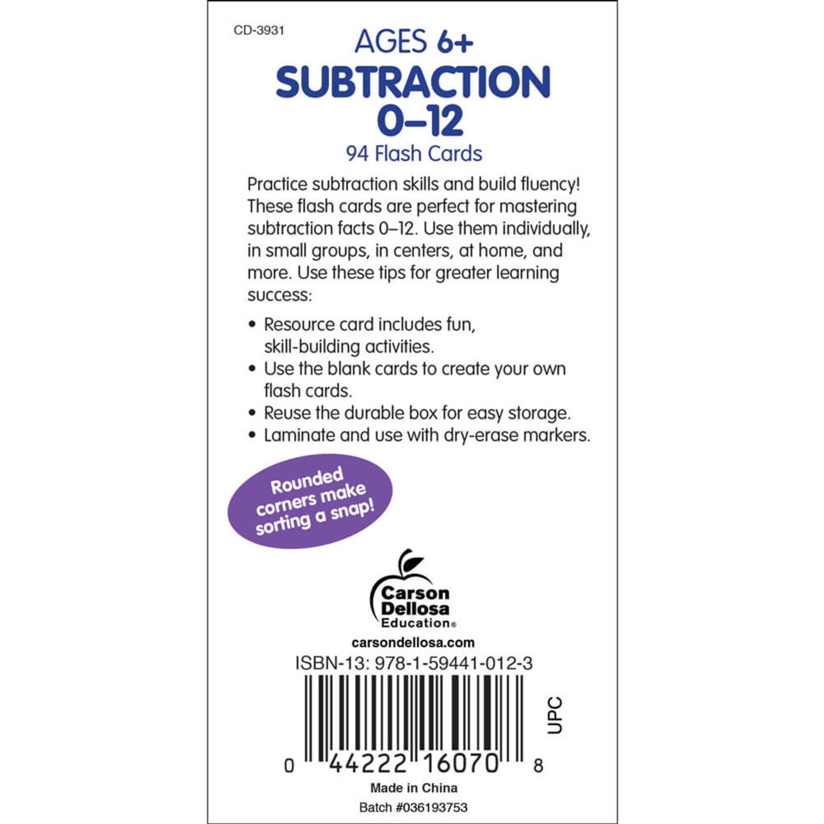 CARSON DELLOSA PUBLISHING CO Subtraction 0-12 Flash Cards Grade 1-3