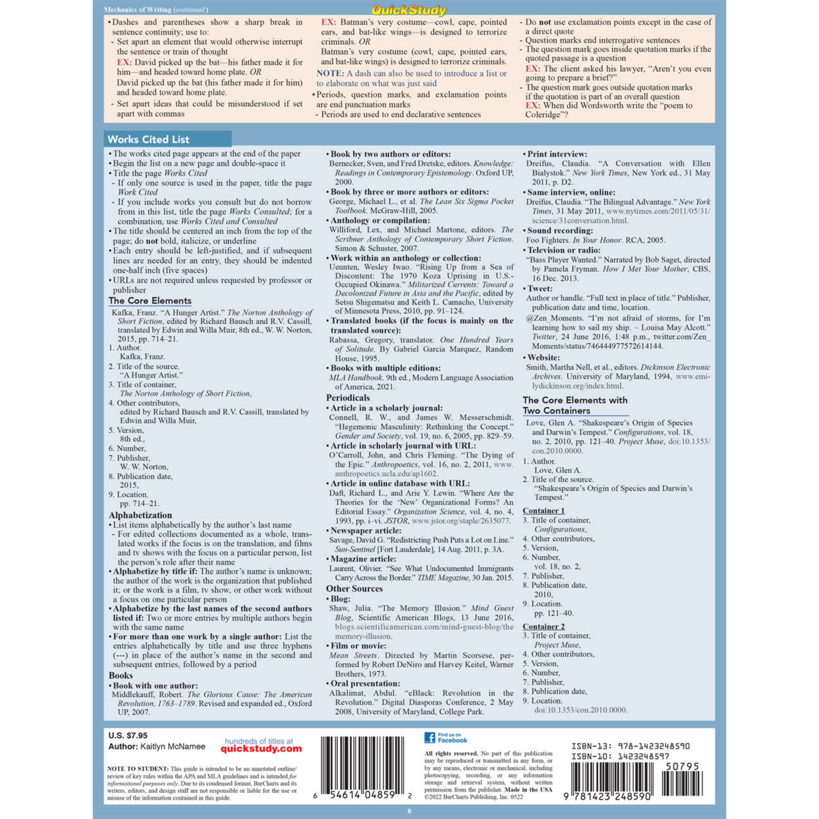 BAR CHARTS QuickStudy: APA/MLA Guidelines Laminated Study Guide