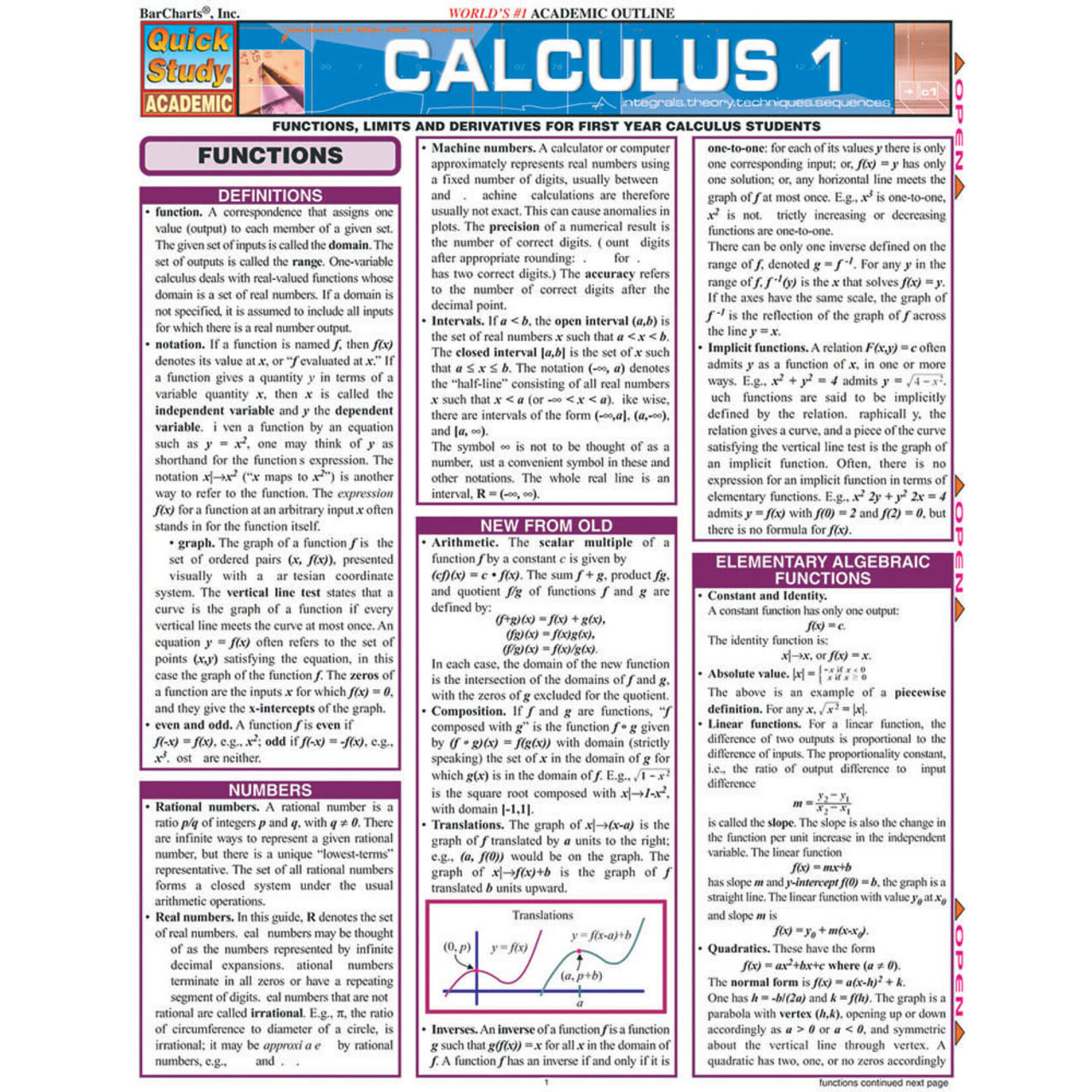 BAR CHARTS QuickStudy: Calculus 1 Laminated Study Guide
