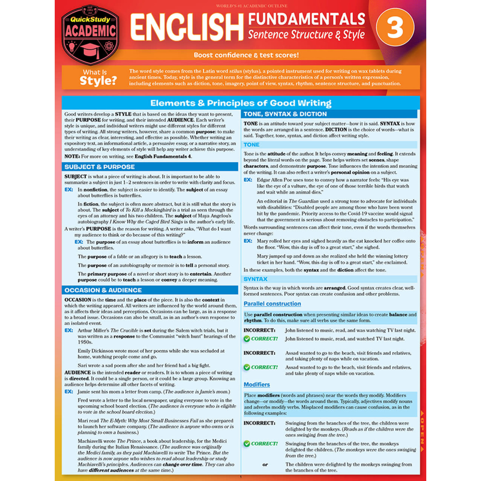 BAR CHARTS QuickStudy: English Fundamentals 3: Sentence Structure & Style Laminated Study Guide
