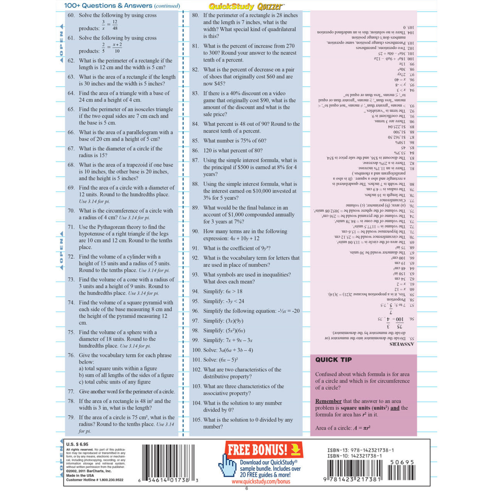 BAR CHARTS QuickStudy: Math Review Quizzer Laminated Study Guide
