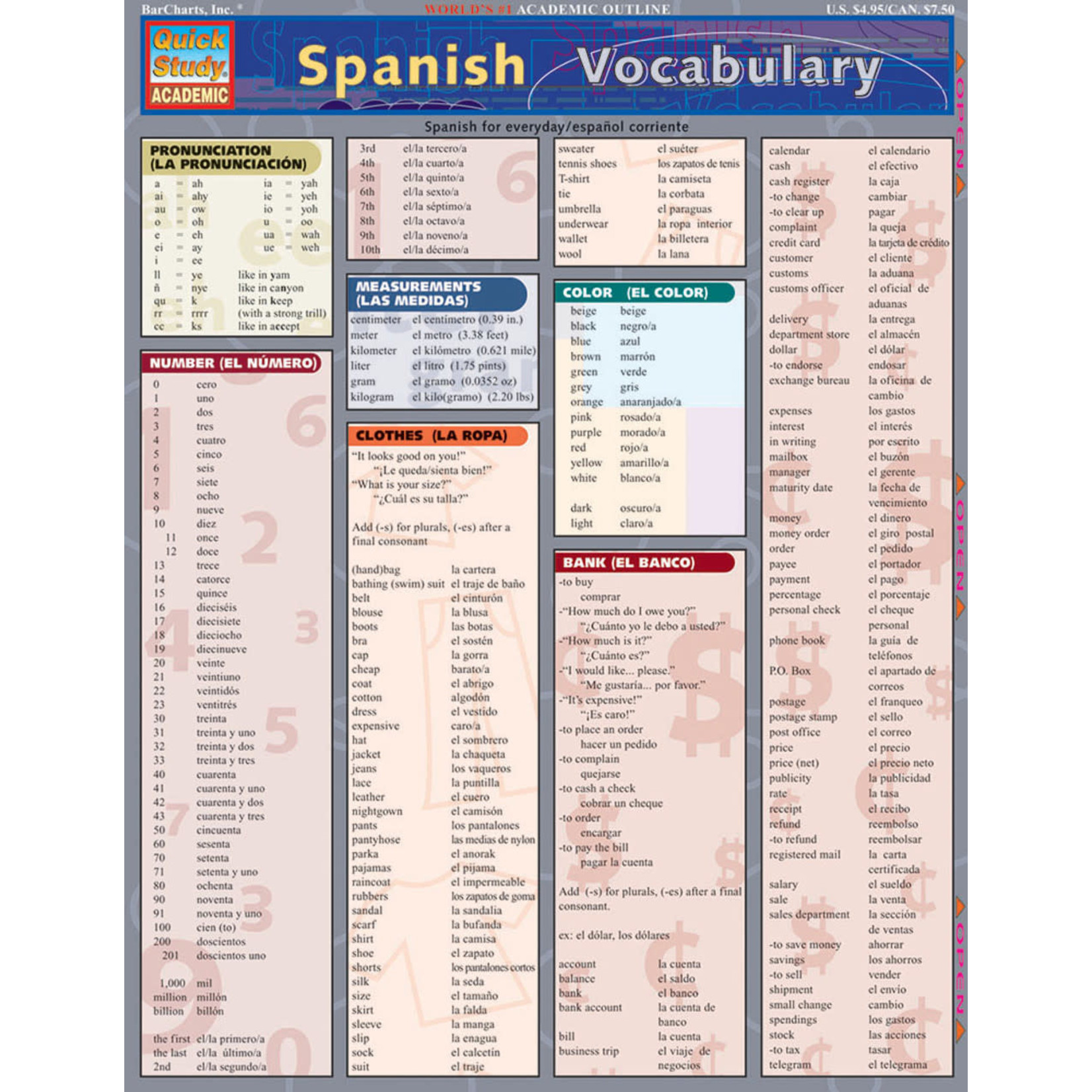 BAR CHARTS QuickStudy | Spanish Vocabulary Laminated Study Guide
