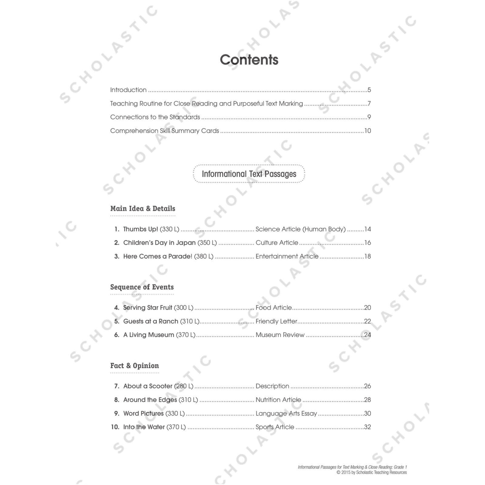 SCHOLASTIC TEACHING RESOURCES Informational Passages for Text Marking & Close Reading: Grade 1