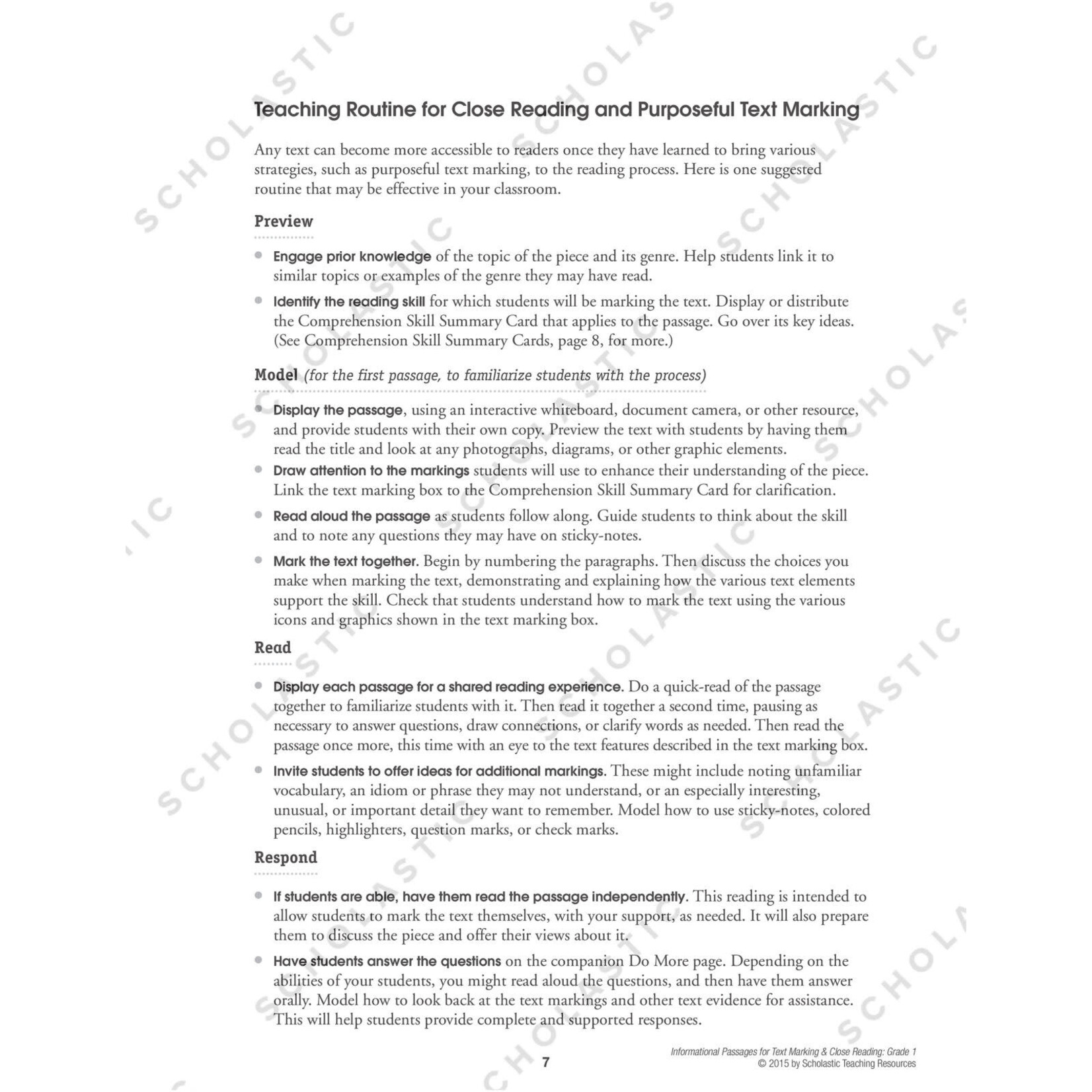 SCHOLASTIC TEACHING RESOURCES Informational Passages for Text Marking & Close Reading: Grade 1