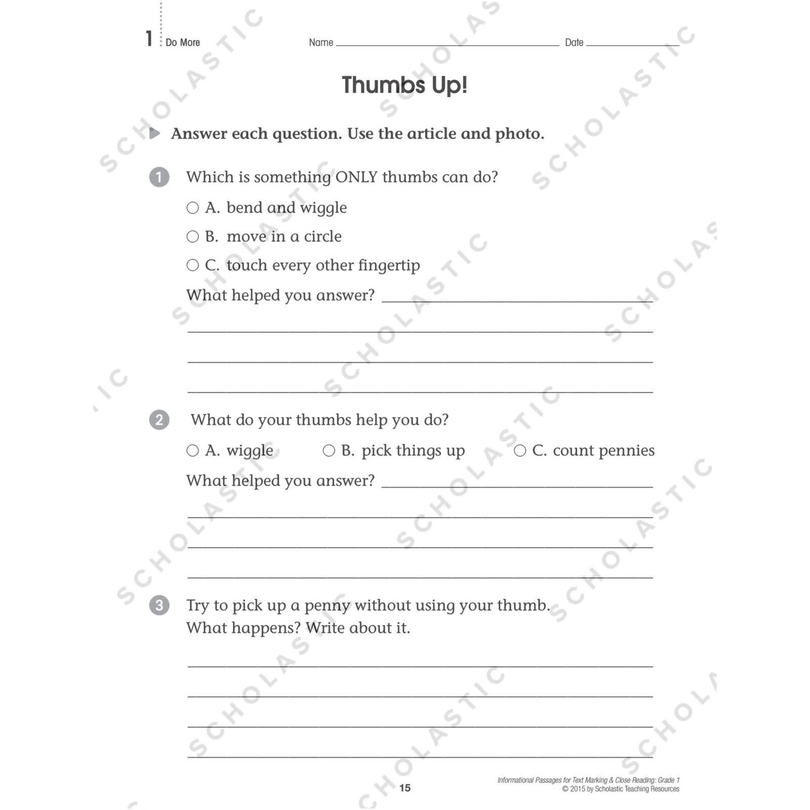 SCHOLASTIC TEACHING RESOURCES Informational Passages for Text Marking & Close Reading: Grade 1