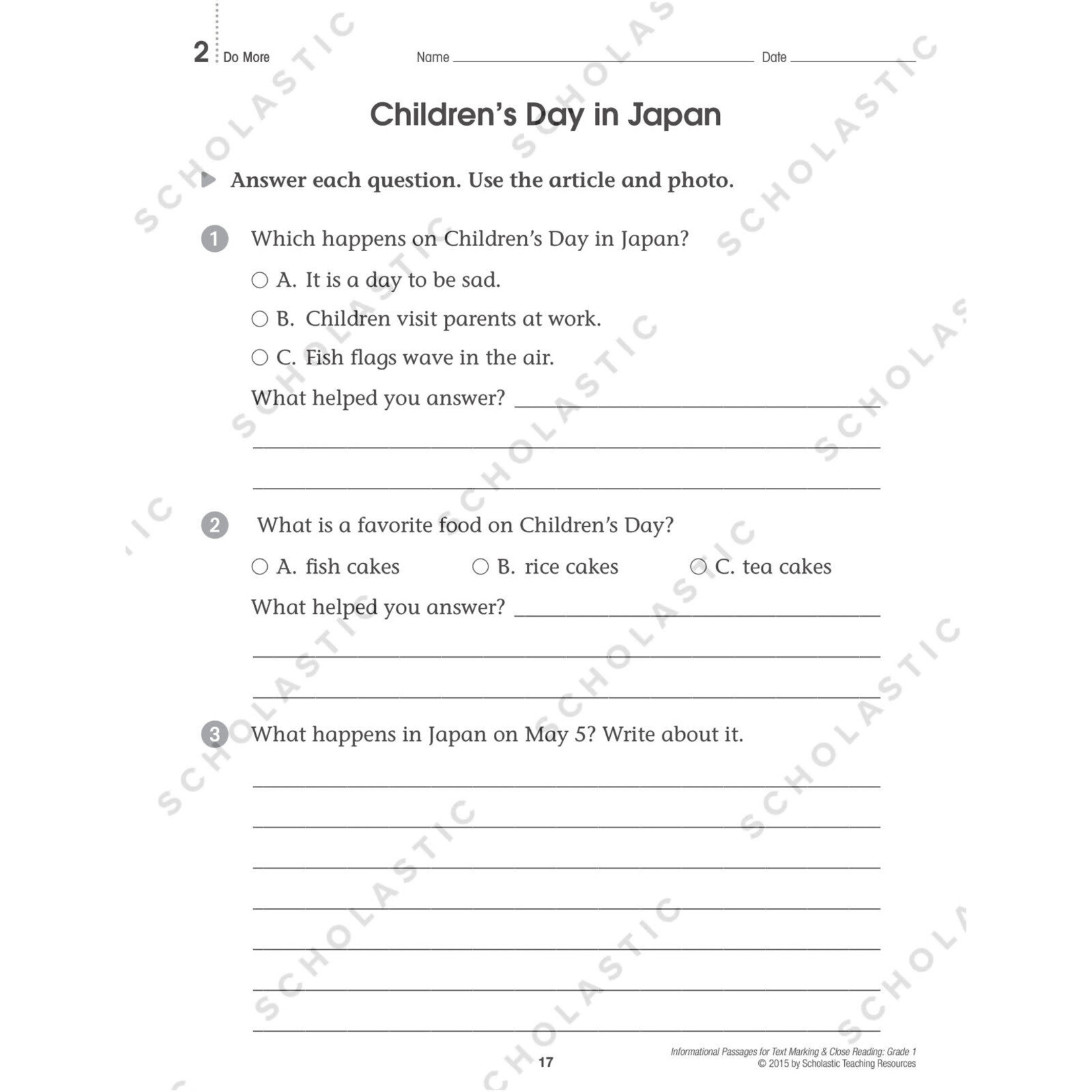 SCHOLASTIC TEACHING RESOURCES Informational Passages for Text Marking & Close Reading: Grade 1