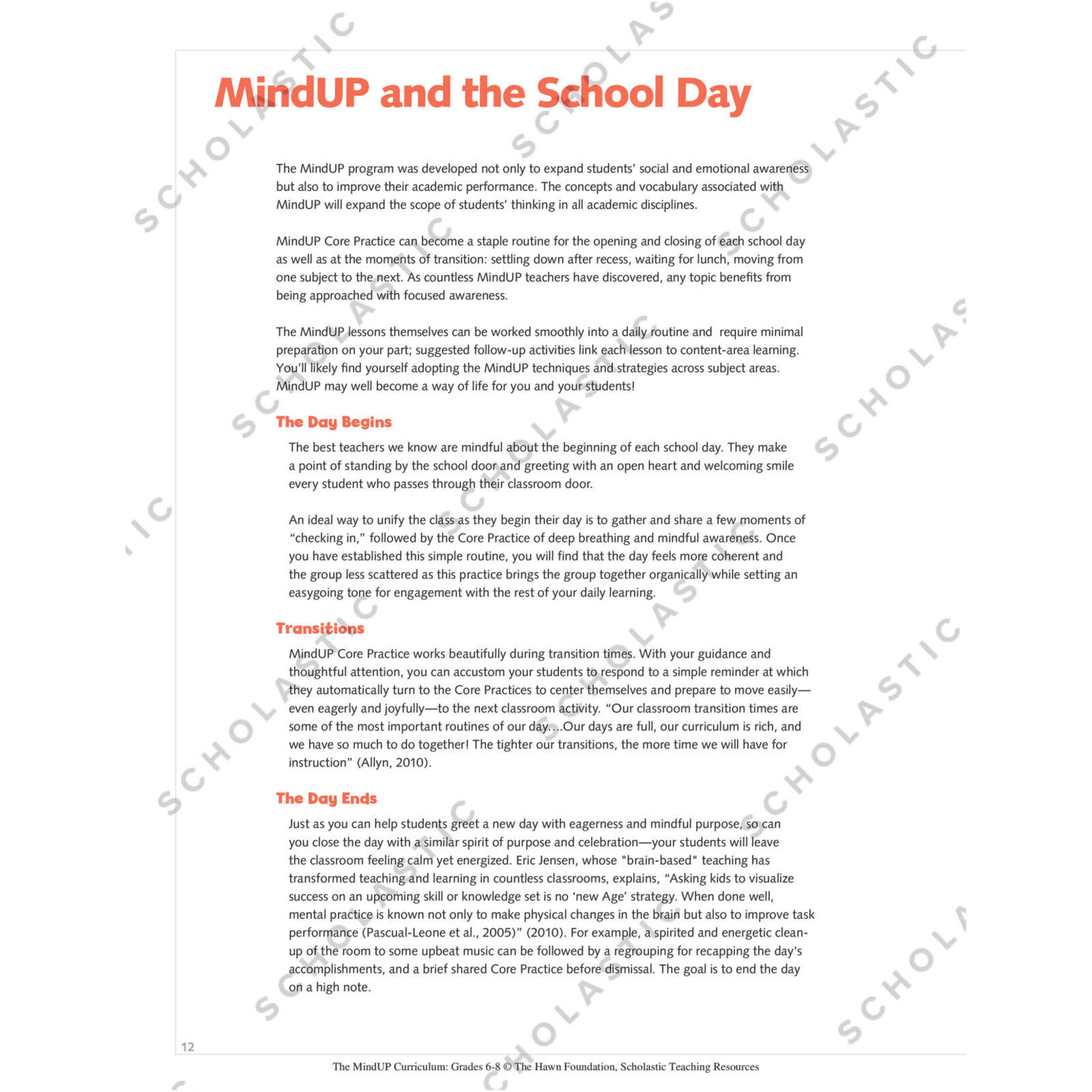 SCHOLASTIC TEACHING RESOURCES The MindUP Curriculum: Grades 6-8