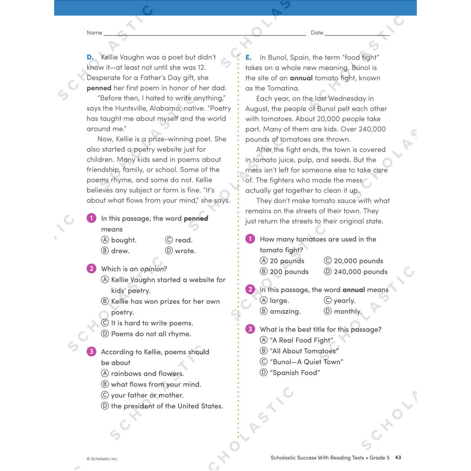 SCHOLASTIC TEACHING RESOURCES Scholastic Success With Reading Tests: Grade 5 Workbook