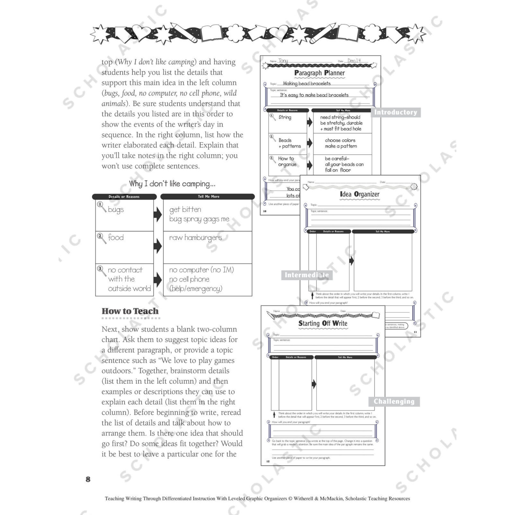 SCHOLASTIC TEACHING RESOURCES Teaching Writing Through Differentiated Instruction With Leveled Graphic Organizers