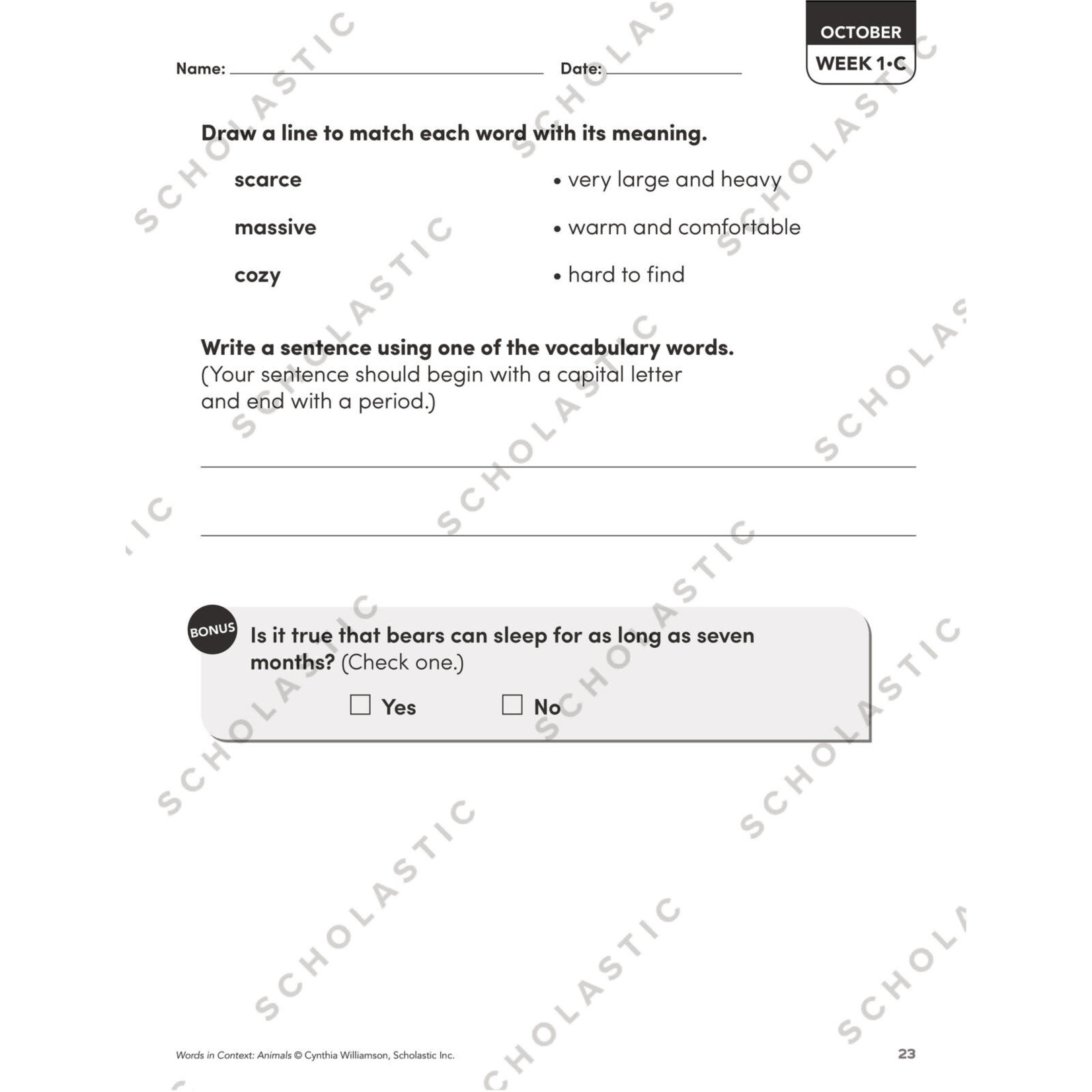 SCHOLASTIC TEACHING RESOURCES Words in Context: Animals