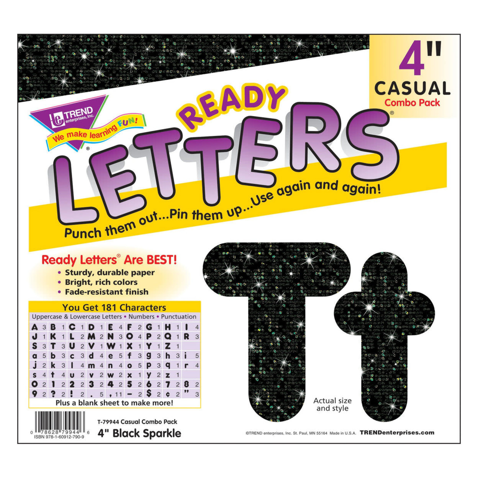 TREND ENTERPRISES INC Black Sparkle 4-Inch Casual Uppercase/Lowercase Combo Pack Ready Letters®