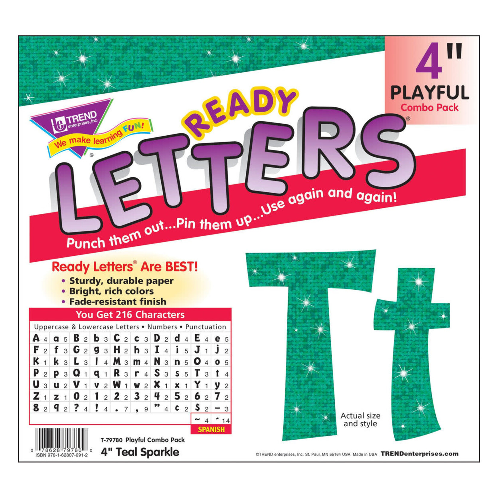 TREND ENTERPRISES INC Teal Sparkle 4-Inch Playful Uppercase/Lowercase Combo Pack (English/Spanish) Ready Letters®