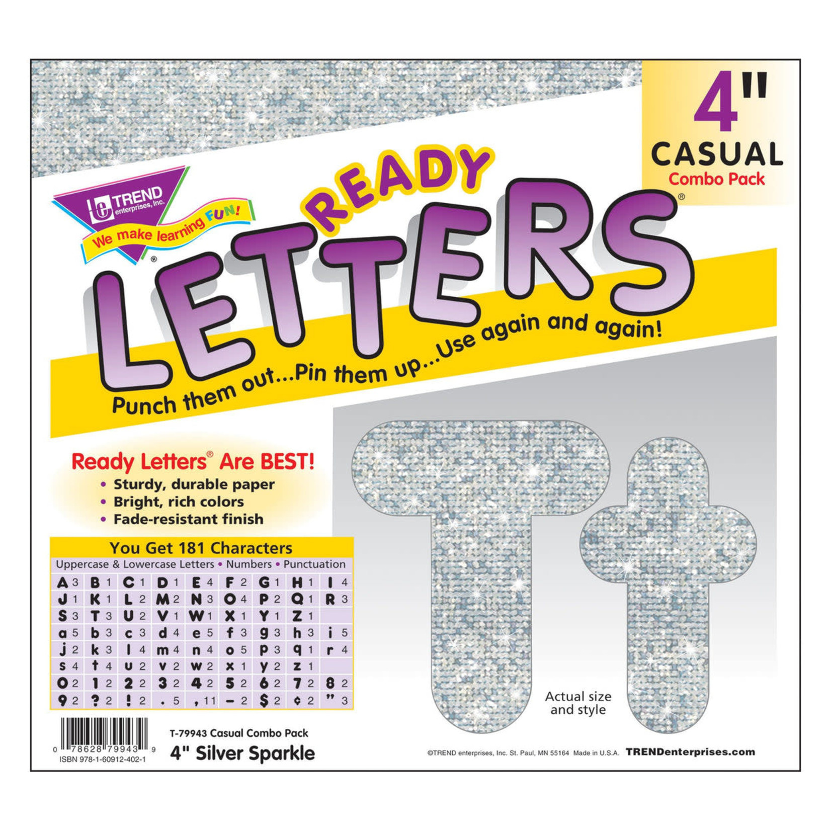 TREND ENTERPRISES INC Silver Sparkle 4-Inch Casual Uppercase/Lowercase Combo Pack Ready Letters®