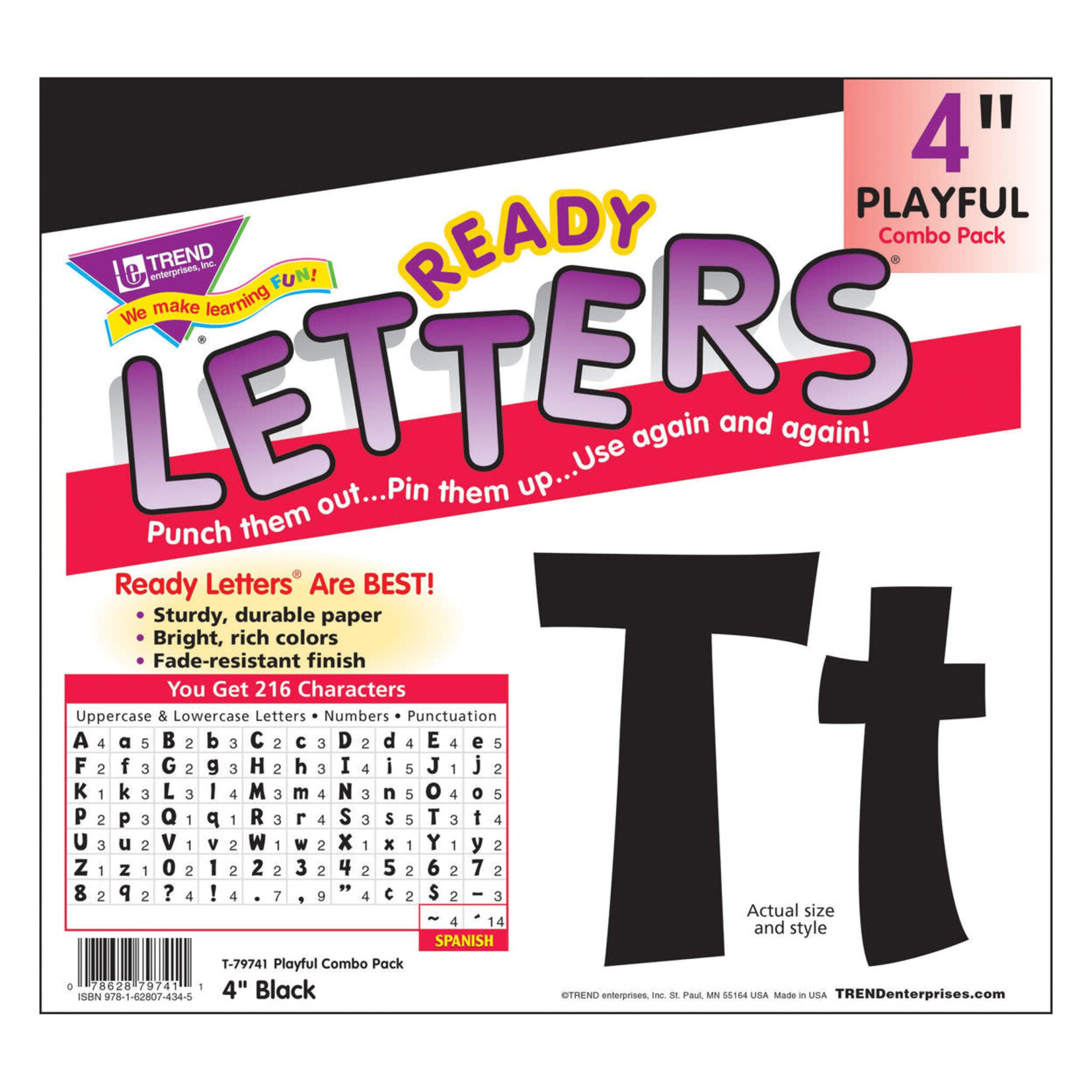 TREND ENTERPRISES INC Black 4-Inch Playful Uppercase/Lowercase Combo Pack (English/Spanish) Ready Letters®