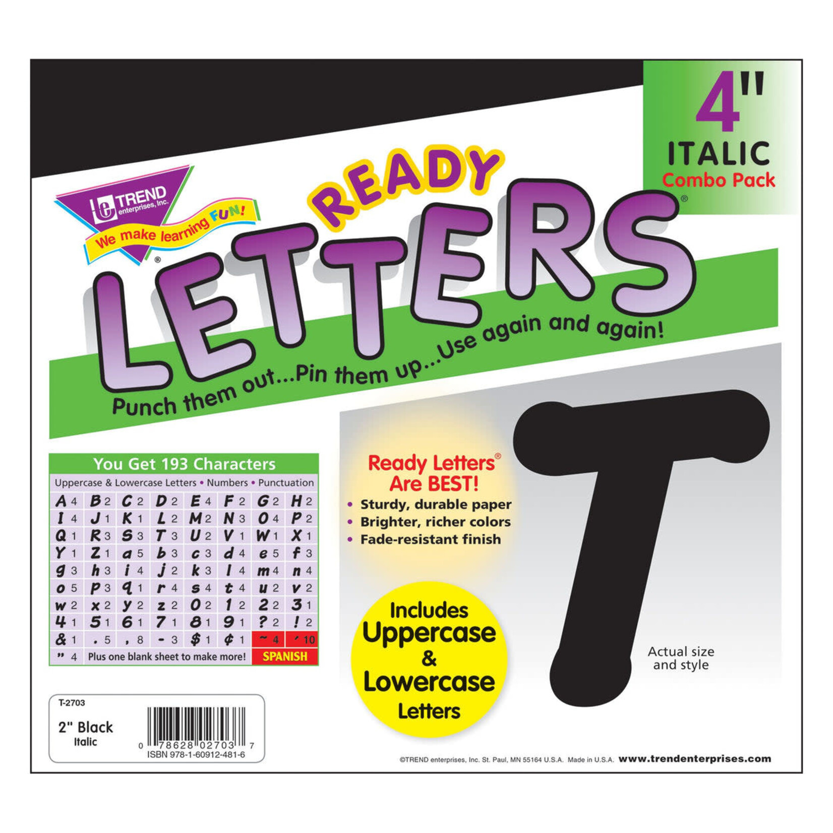 TREND ENTERPRISES INC Black 4-Inch Italic Uppercase/Lowercase Combo Pack (English/Spanish) Ready Letters®