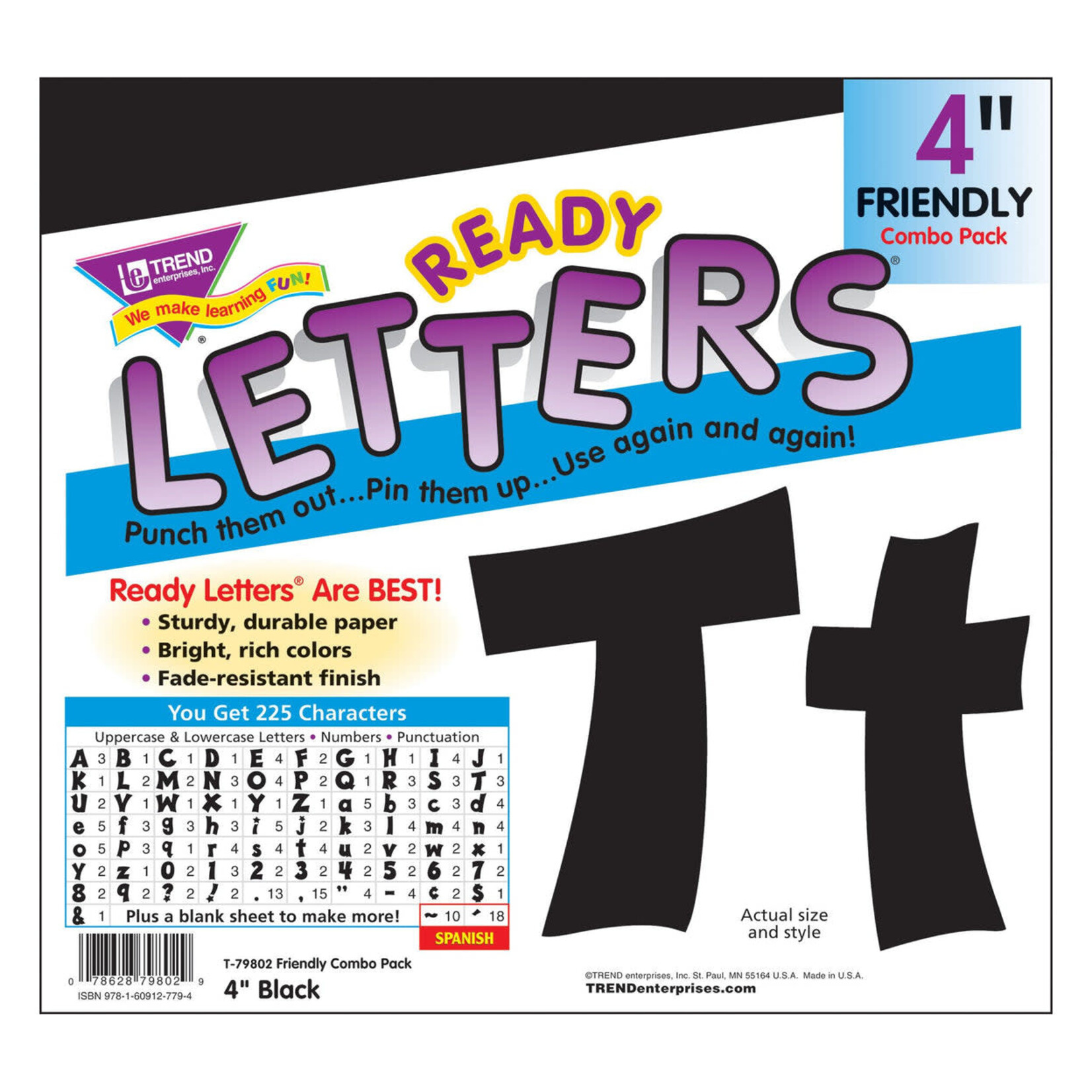 TREND ENTERPRISES INC Black 4-Inch Friendly Uppercase/Lowercase Combo Pack (English/Spanish) Ready Letters®