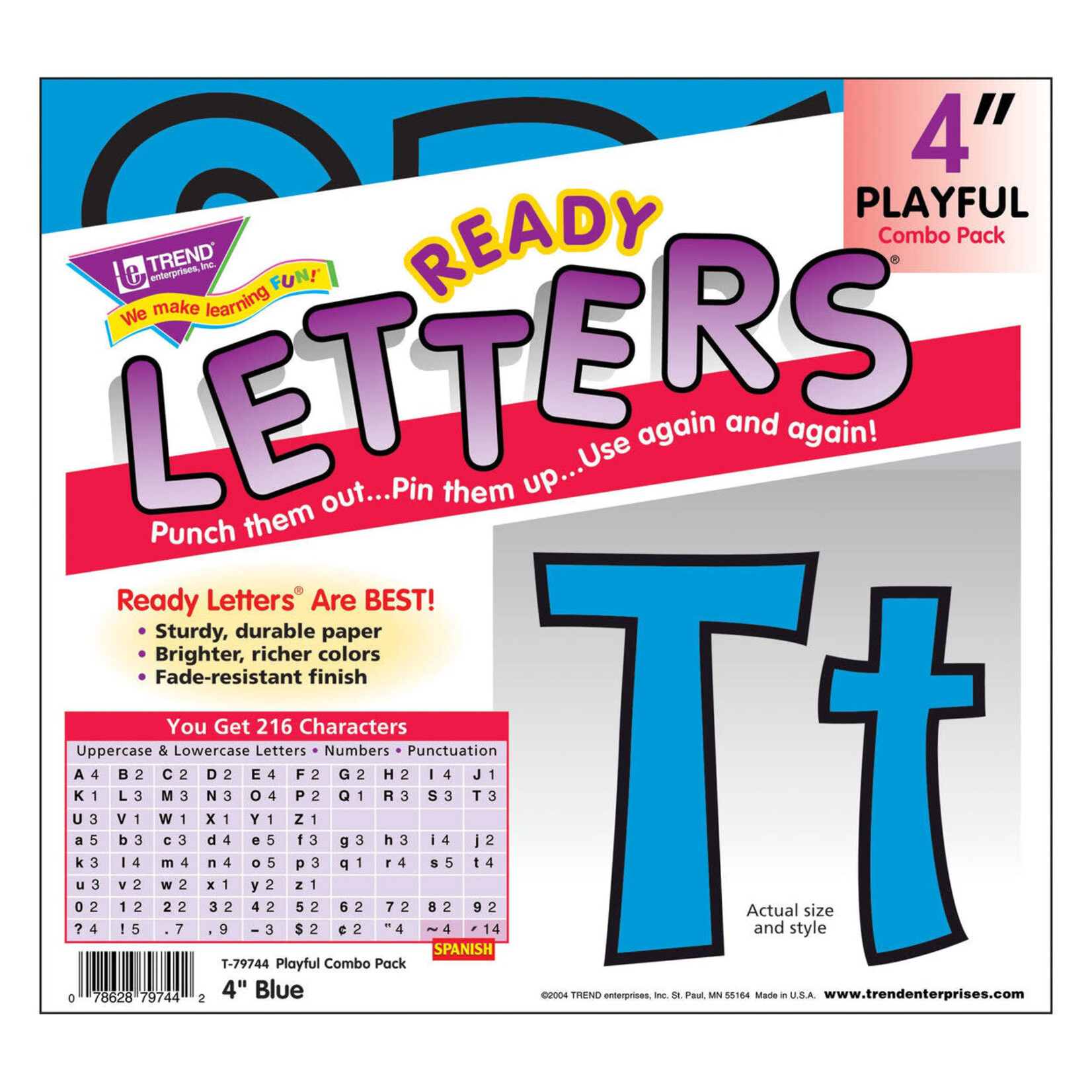 TREND ENTERPRISES INC Blue 4-Inch Playful Uppercase/Lowercase Combo Pack (English/Spanish) Ready Letters®