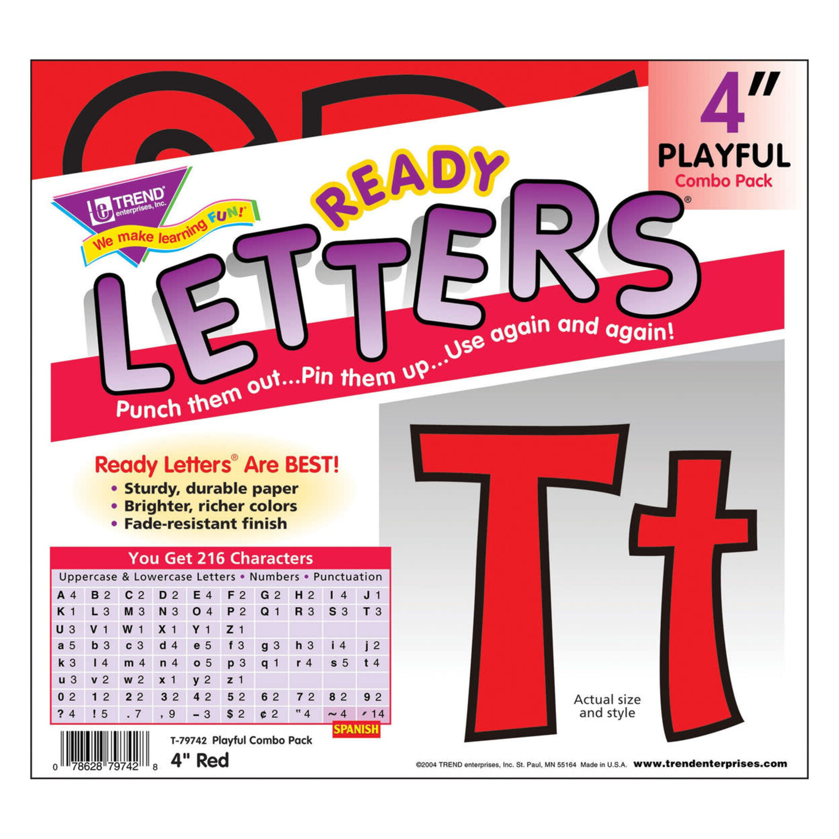 TREND ENTERPRISES INC Red 4-Inch Playful Uppercase/Lowercase Combo Pack (English/Spanish) Ready Letters®