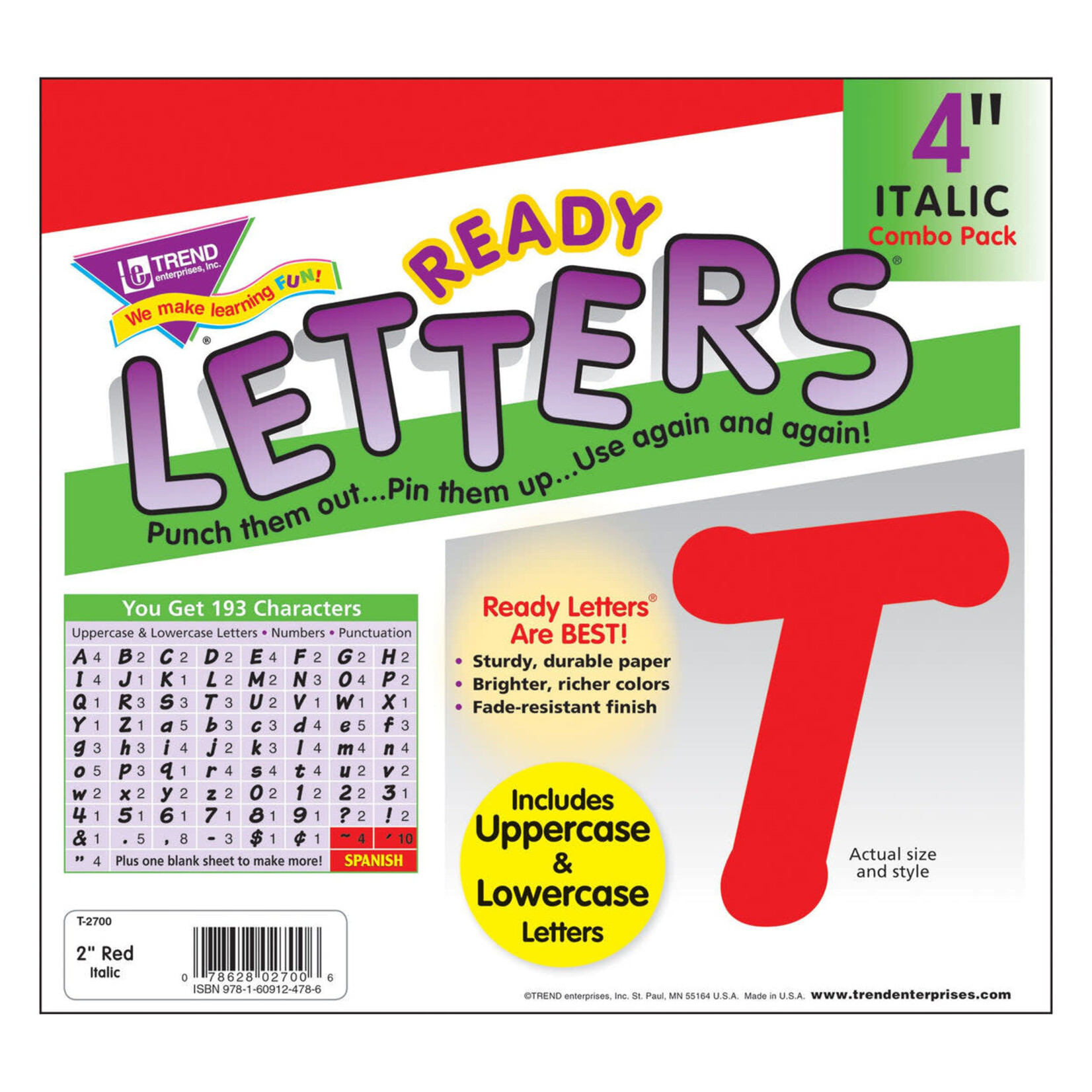 TREND ENTERPRISES INC Red 4-Inch Italic Uppercase/Lowercase Combo Pack (English/Spanish) Ready Letters®
