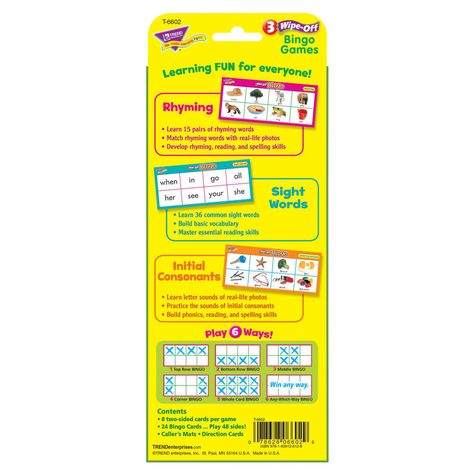 TREND ENTERPRISES INC Rhyming, Sight Words, Initial Consonants Wipe-Off® Bingo
