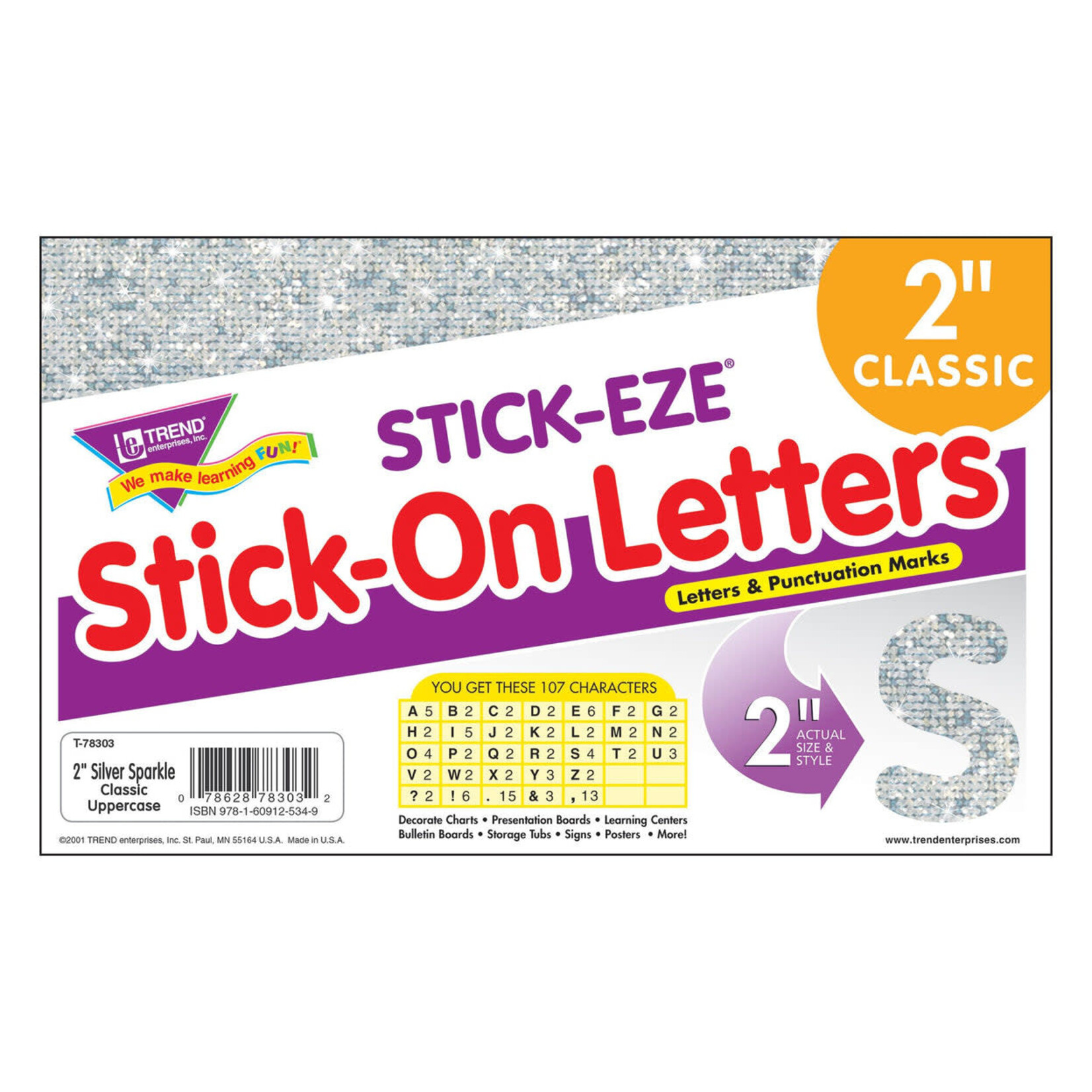 TREND ENTERPRISES INC Silver Sparkle 2-Inch Letters & Marks STICK-EZE® Stick-On Letters