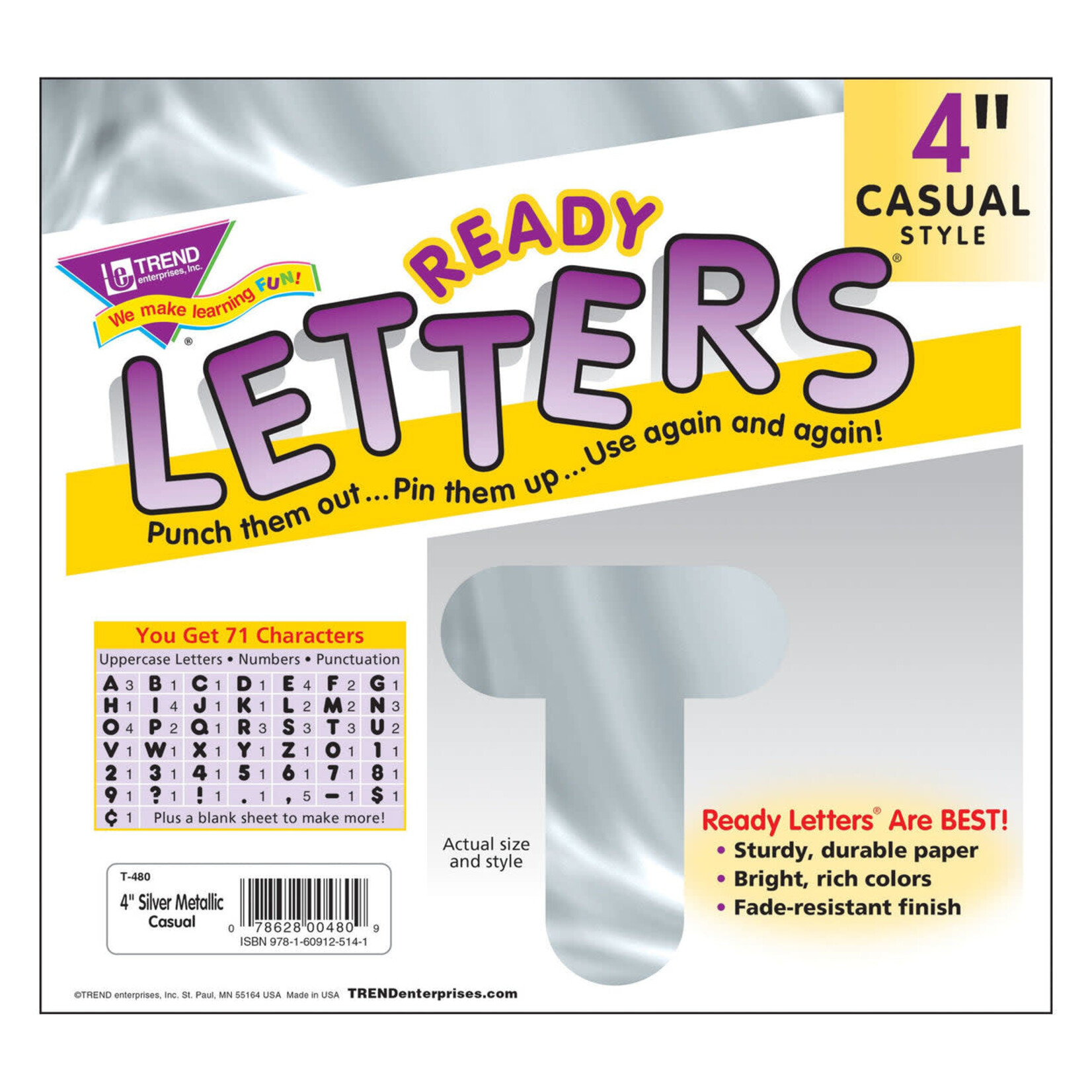 TREND ENTERPRISES INC Silver Metallic 4-Inch Casual Uppercase Ready Letters®