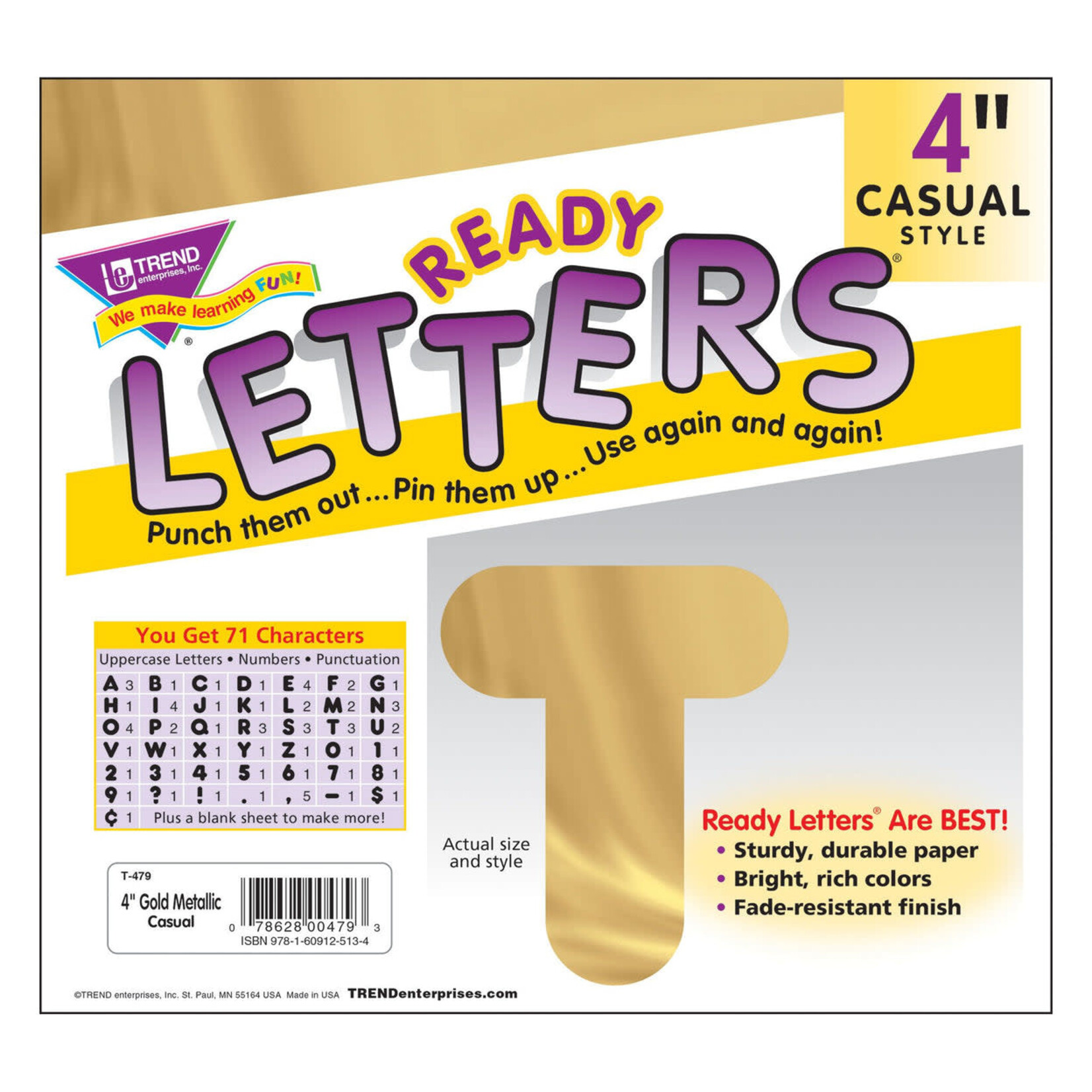 TREND ENTERPRISES INC Gold Metallic 4-Inch Casual Uppercase Ready Letters®