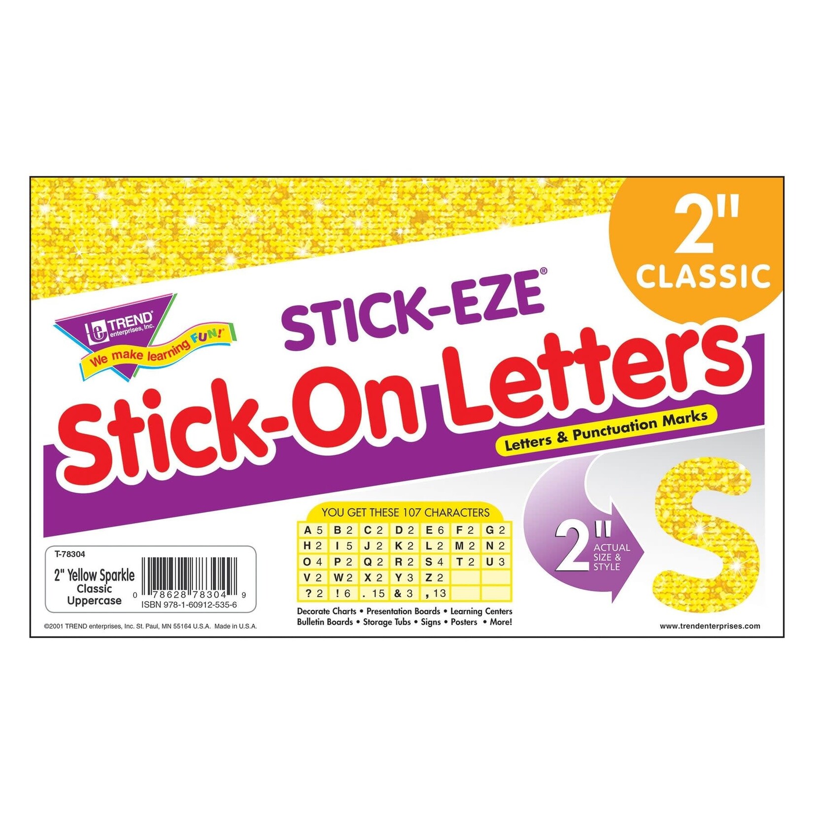 TREND ENTERPRISES INC Yellow Sparkle 2-Inch Letters & Marks STICK-EZE® Stick-On Letters