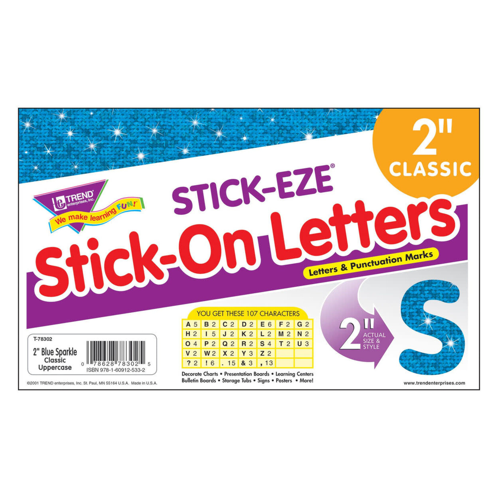TREND ENTERPRISES INC Blue Sparkle 2-Inch Letters & Marks STICK-EZE® Stick-On Letters