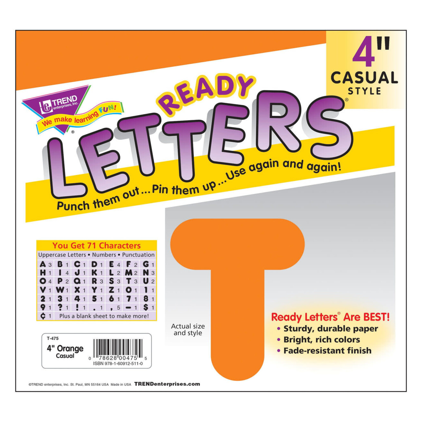 TREND ENTERPRISES INC Orange 4-Inch Casual Uppercase Ready Letters®
