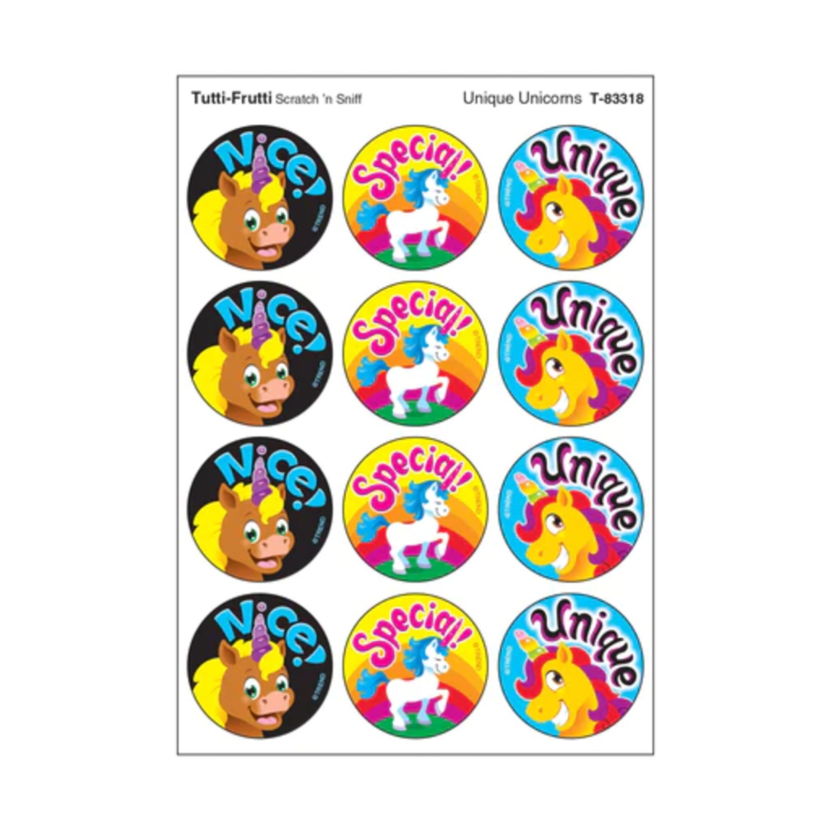 TREND ENTERPRISES INC Unique Unicorns, Tutti-Frutti scent Scratch 'n Sniff Stinky Stickers® – Large Round