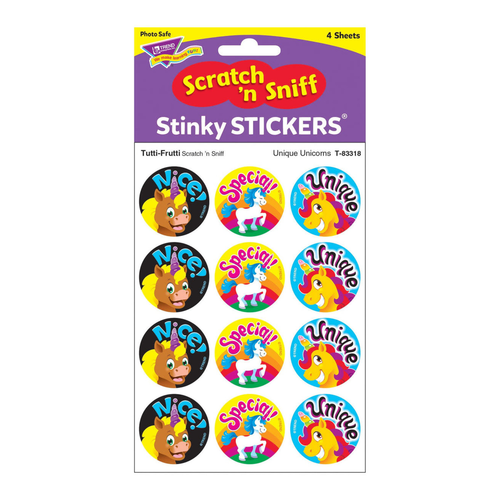 TREND ENTERPRISES INC Unique Unicorns, Tutti-Frutti scent Scratch 'n Sniff Stinky Stickers® – Large Round
