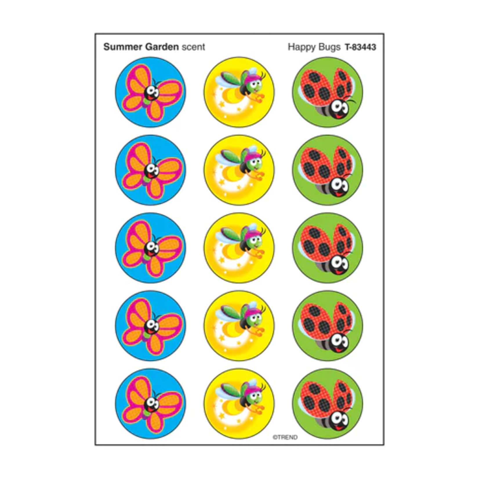 TREND ENTERPRISES INC Happy Bugs, Summer Garden scent Scratch 'n Sniff Stinky Stickers® – Large Round