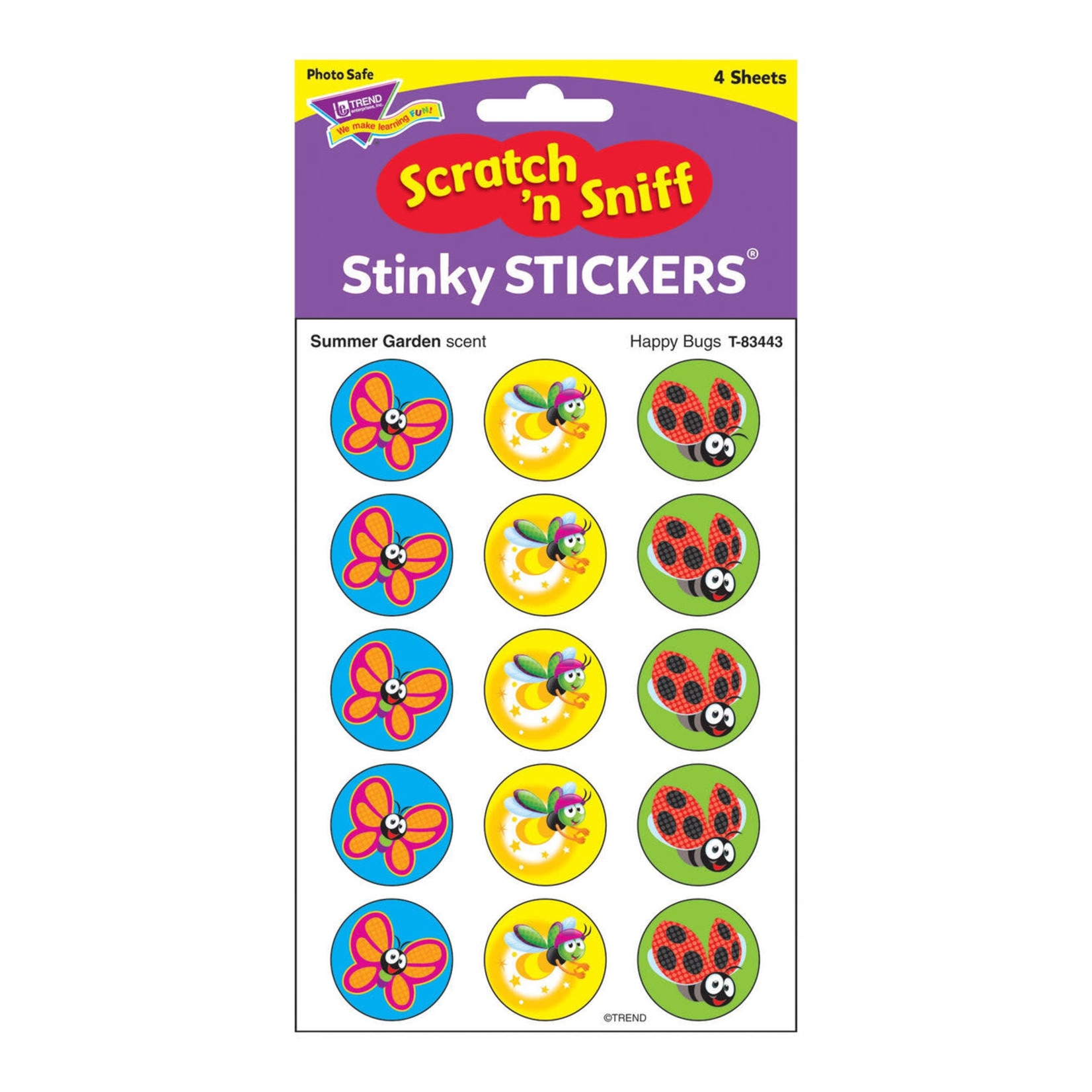 TREND ENTERPRISES INC Happy Bugs, Summer Garden scent Scratch 'n Sniff Stinky Stickers® – Large Round
