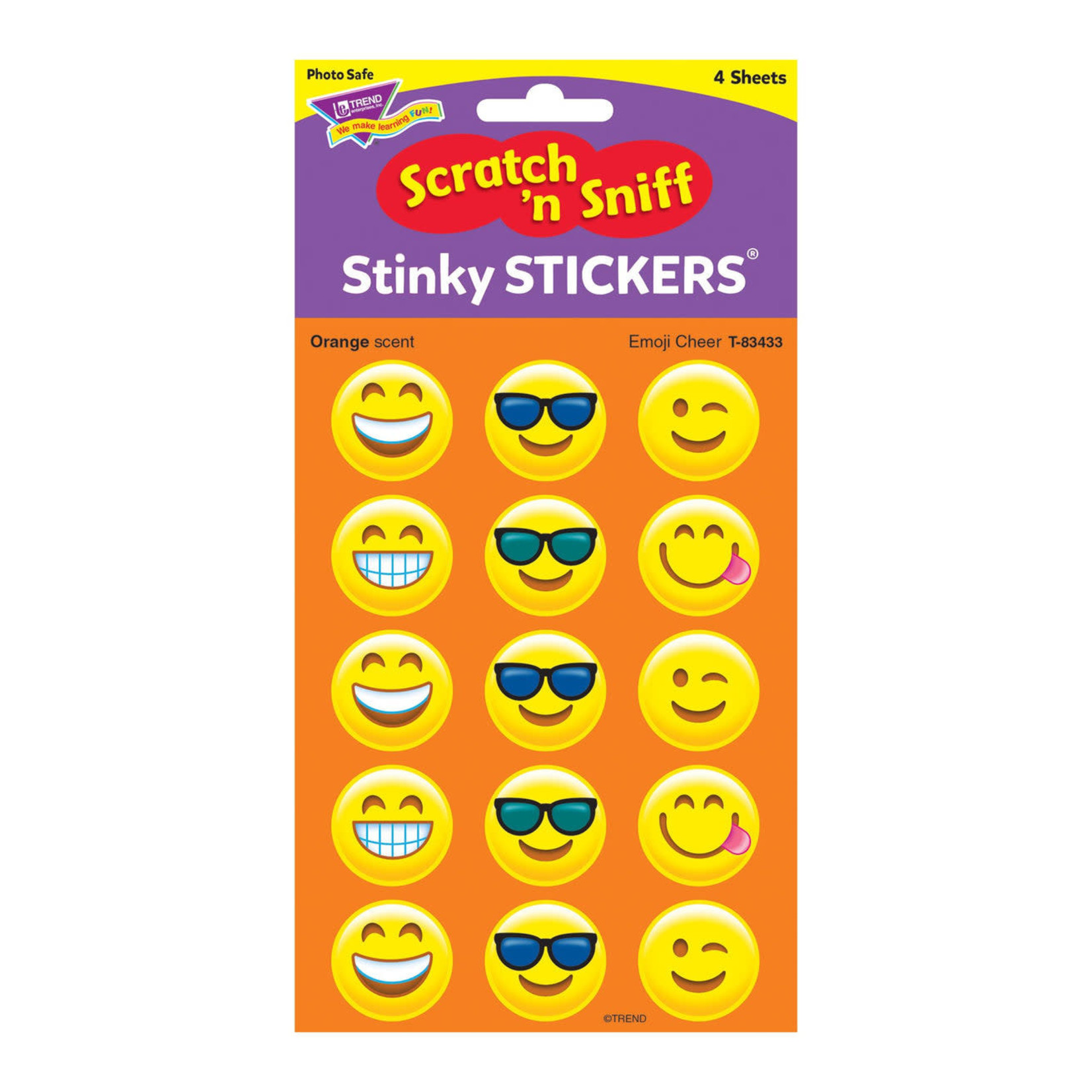 TREND ENTERPRISES INC Emoji Cheer, Orange scent Scratch 'n Sniff Stinky Stickers® – Large Round