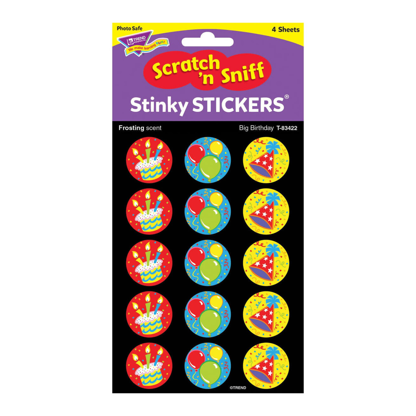 TREND ENTERPRISES INC Big Birthday, Frosting scent Scratch 'n Sniff Stinky Stickers® – Large Round