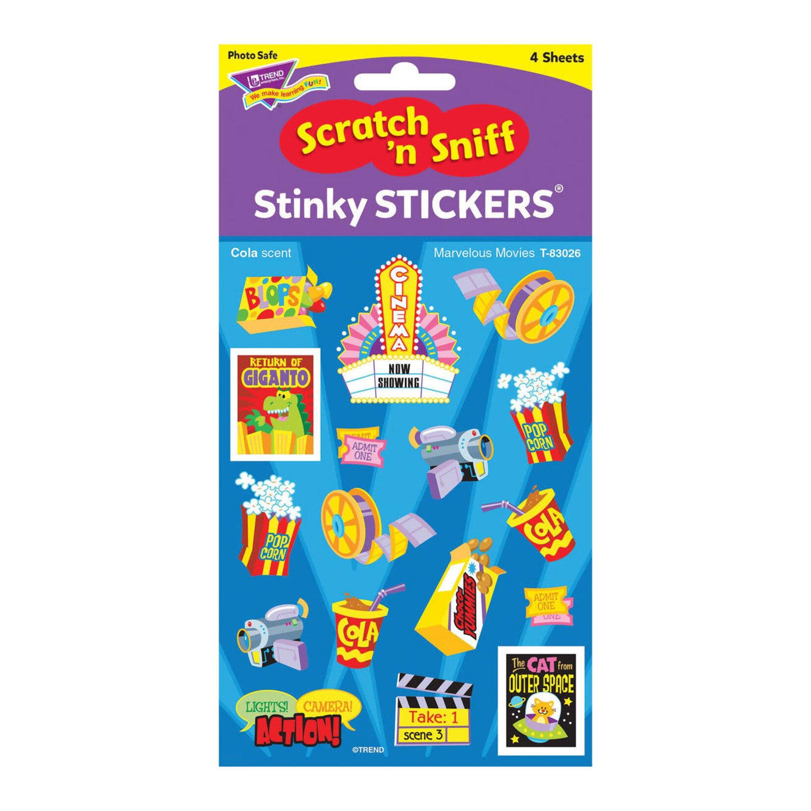 TREND ENTERPRISES INC Marvelous Movies, Cola scent Scratch 'n Sniff Stinky Stickers® – Mixed Shapes