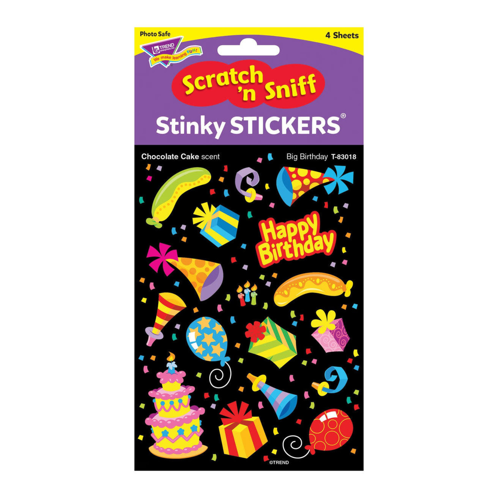 TREND ENTERPRISES INC Big Birthday, Chocolate Cake scent Scratch 'n Sniff Stinky Stickers® – Mixed Shapes