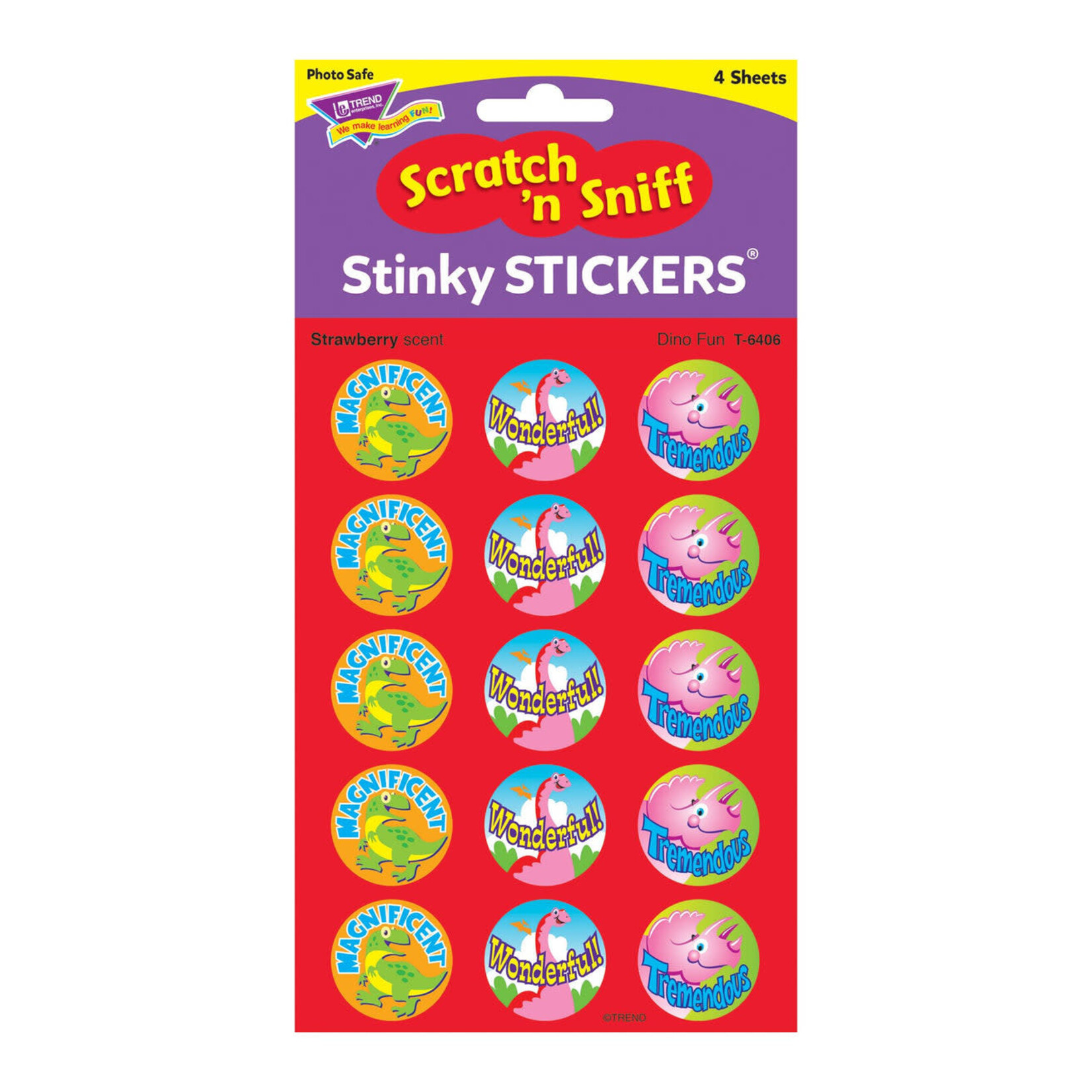 TREND ENTERPRISES INC Dino Fun, Strawberry scent Scratch 'n Sniff Stinky Stickers® – Large Round