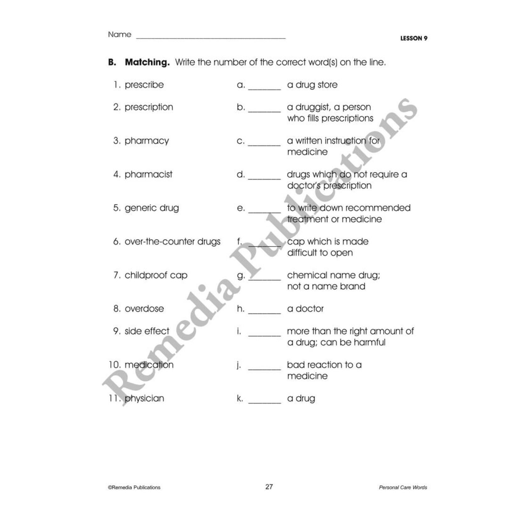 Life-Skill Lessons: Personal Care Words