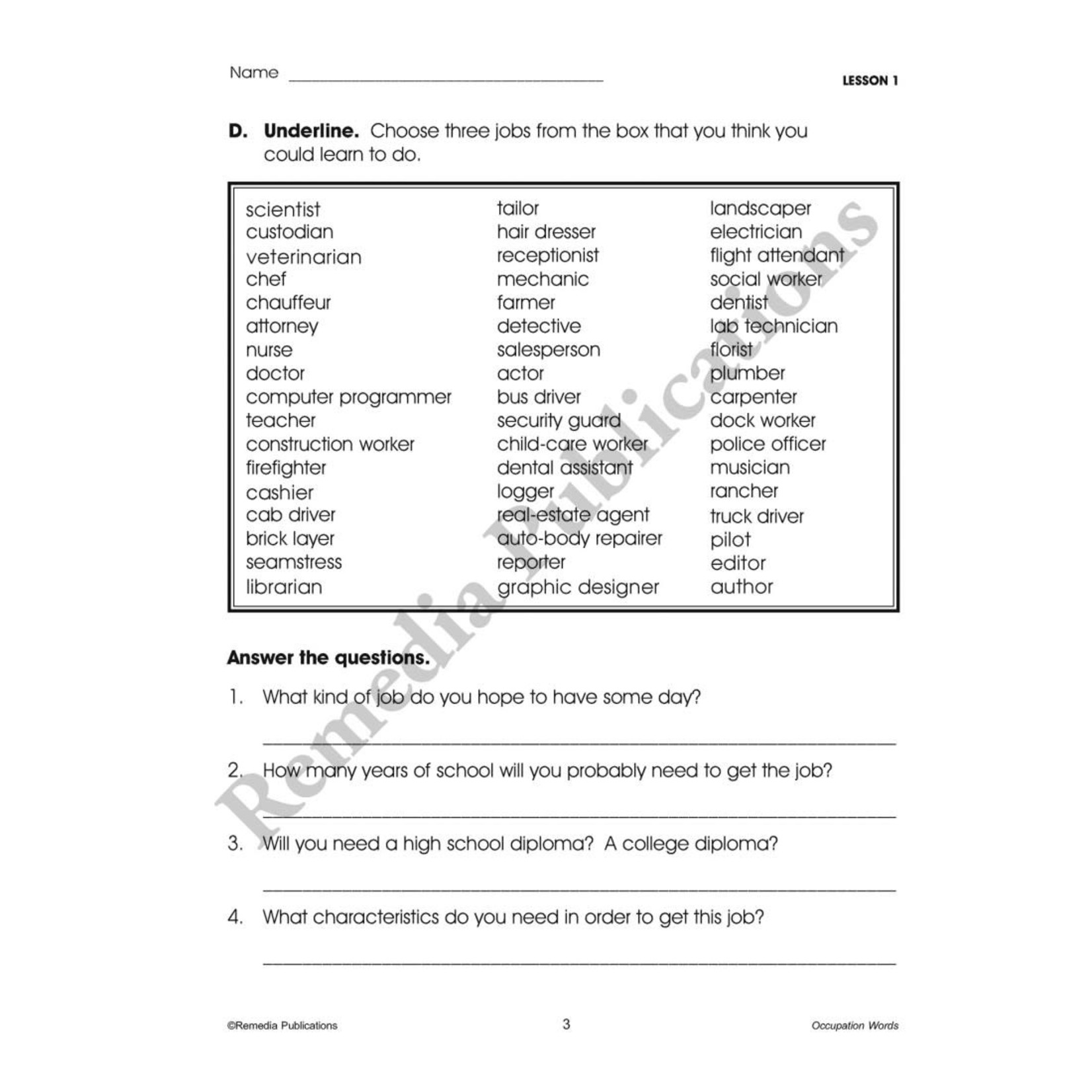 Life-Skill Lessons: Occupation Words