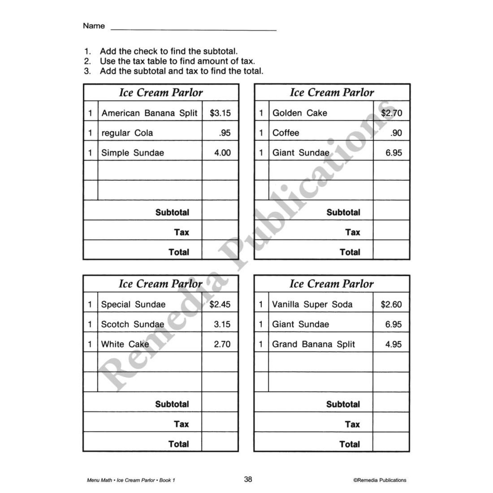 Menu Math: Old-Fashioned Ice Cream Parlor (+, -)